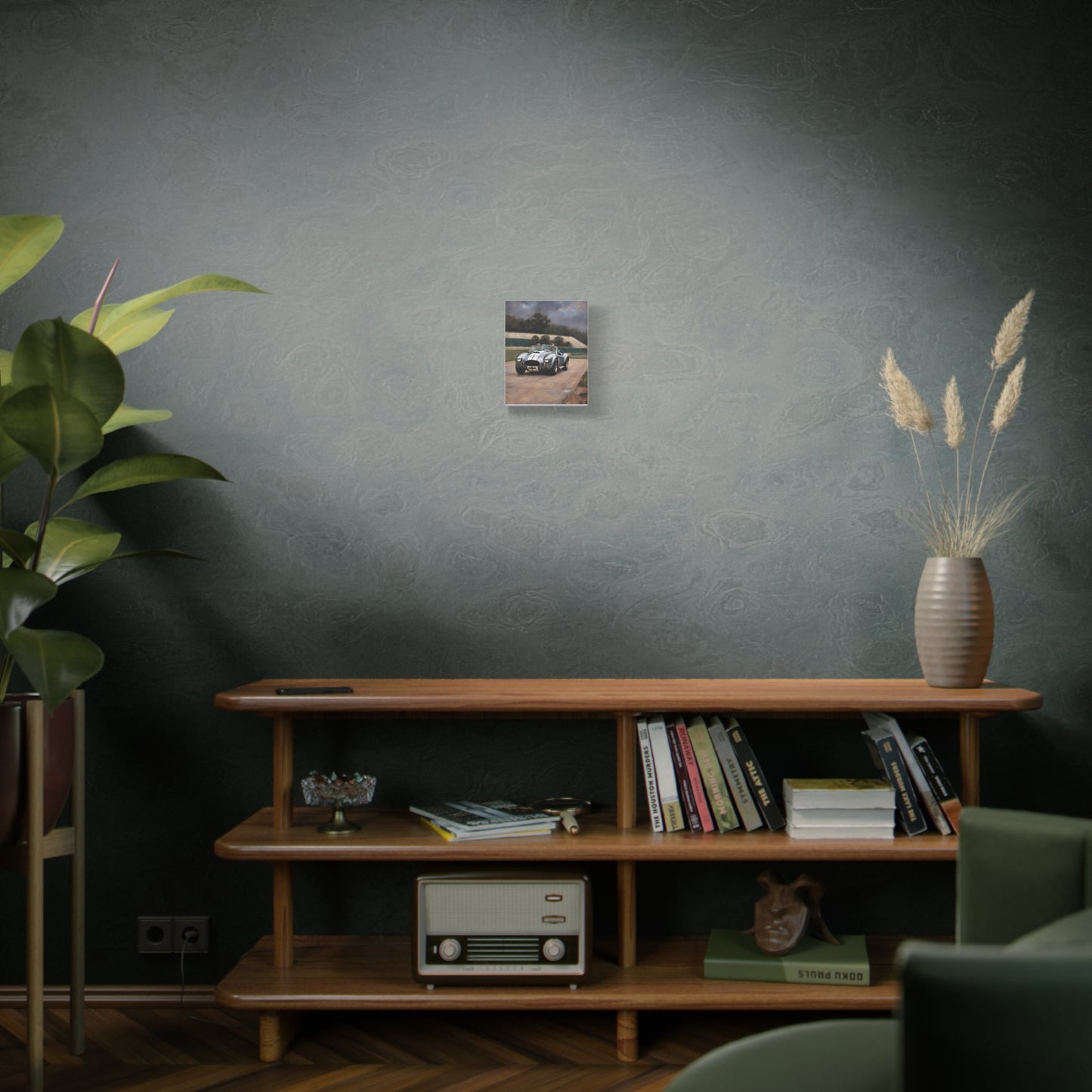 Classic Car Canvas Print displayed on a wooden shelf with plants and decor in a stylish interior