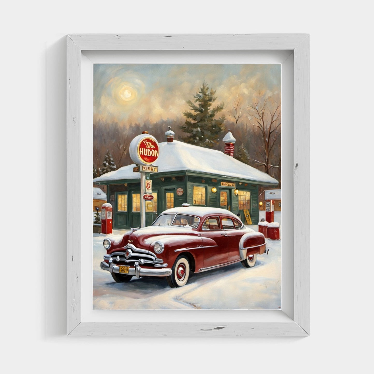 Framed digital art of a vintage red car in snowy scene perfect for classic car decor for living room