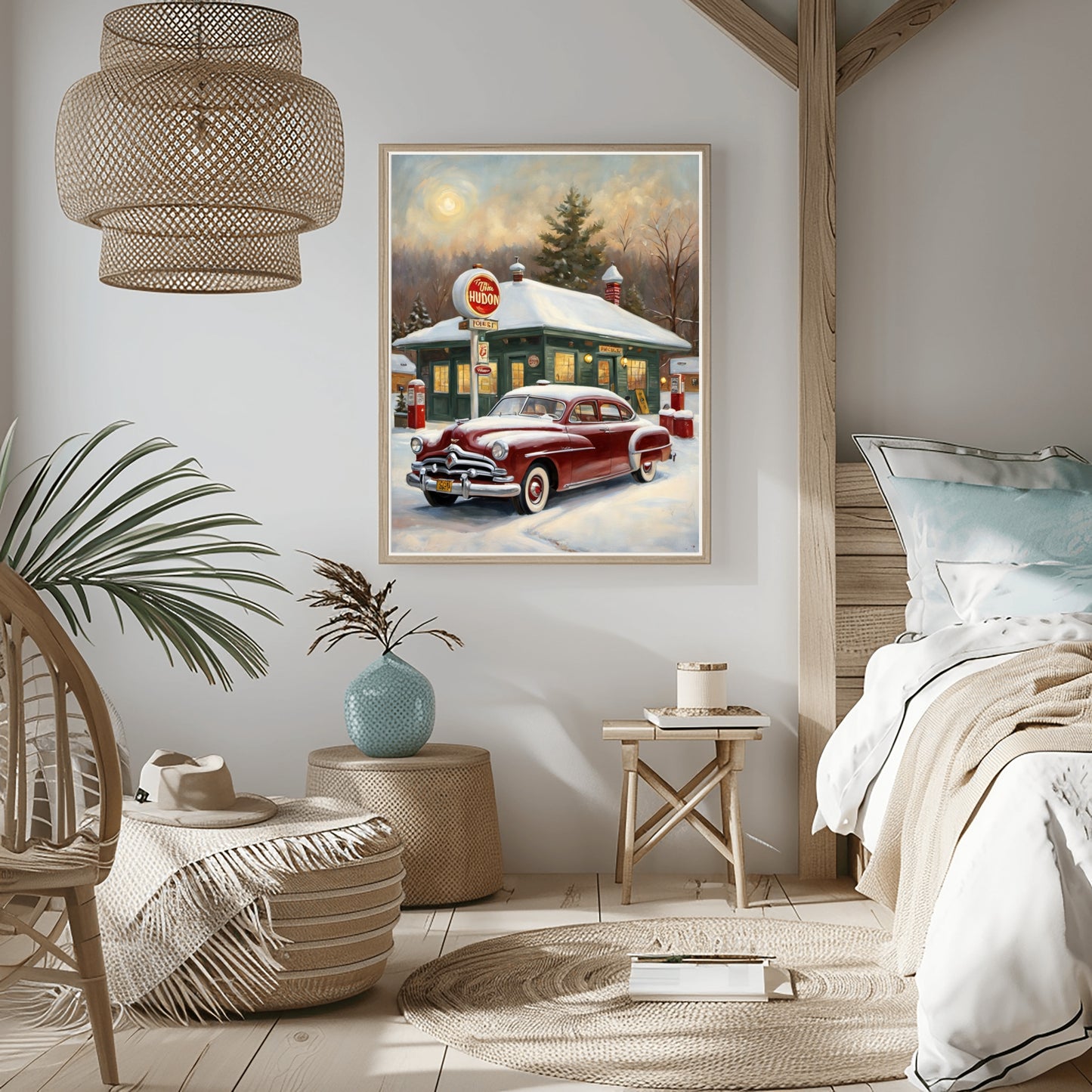 Classic car decor for living room featuring vintage red car and retro gas station wall art by AquilVision