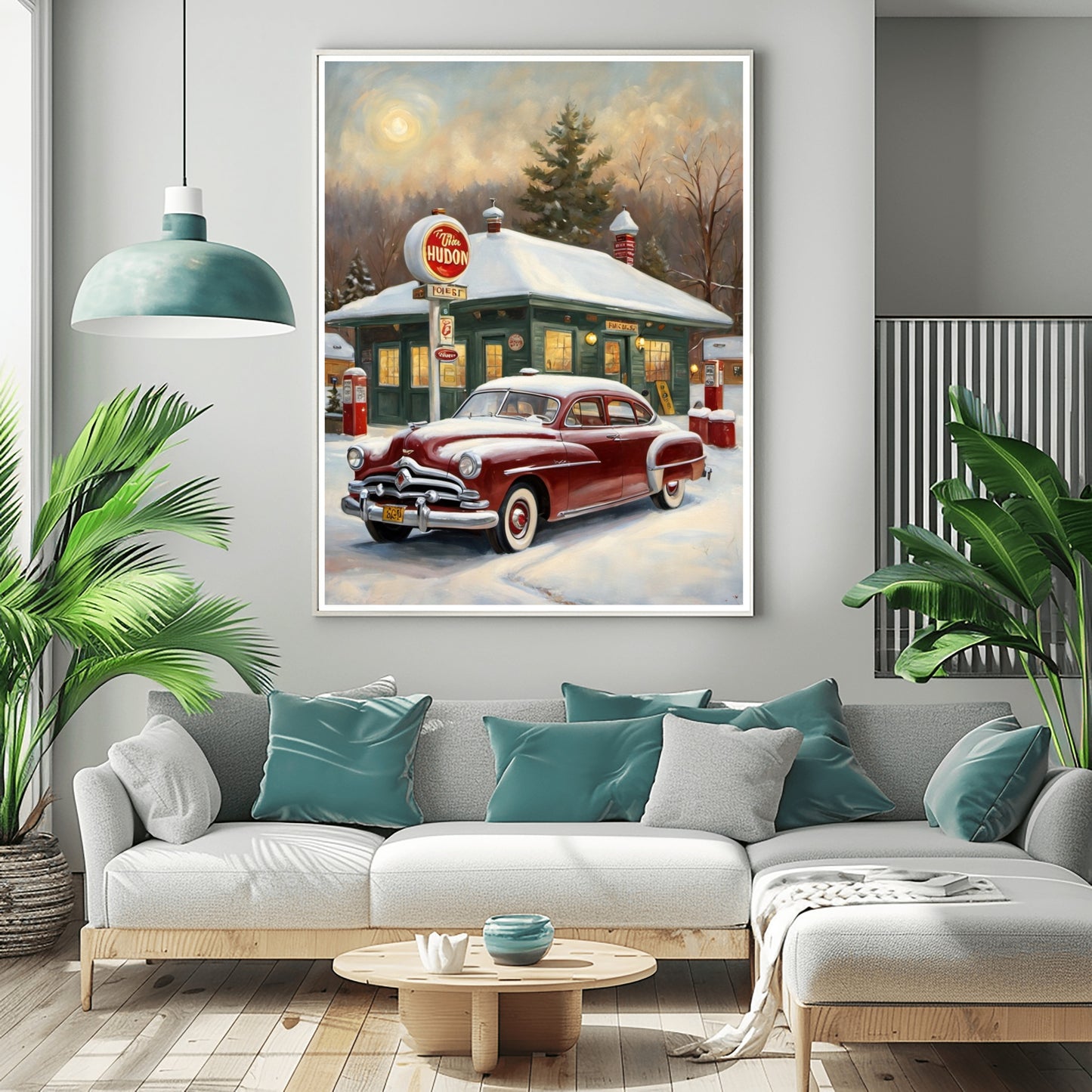 Classic car decor for living room featuring a vintage red car painting above a modern sofa with green and gray pillows