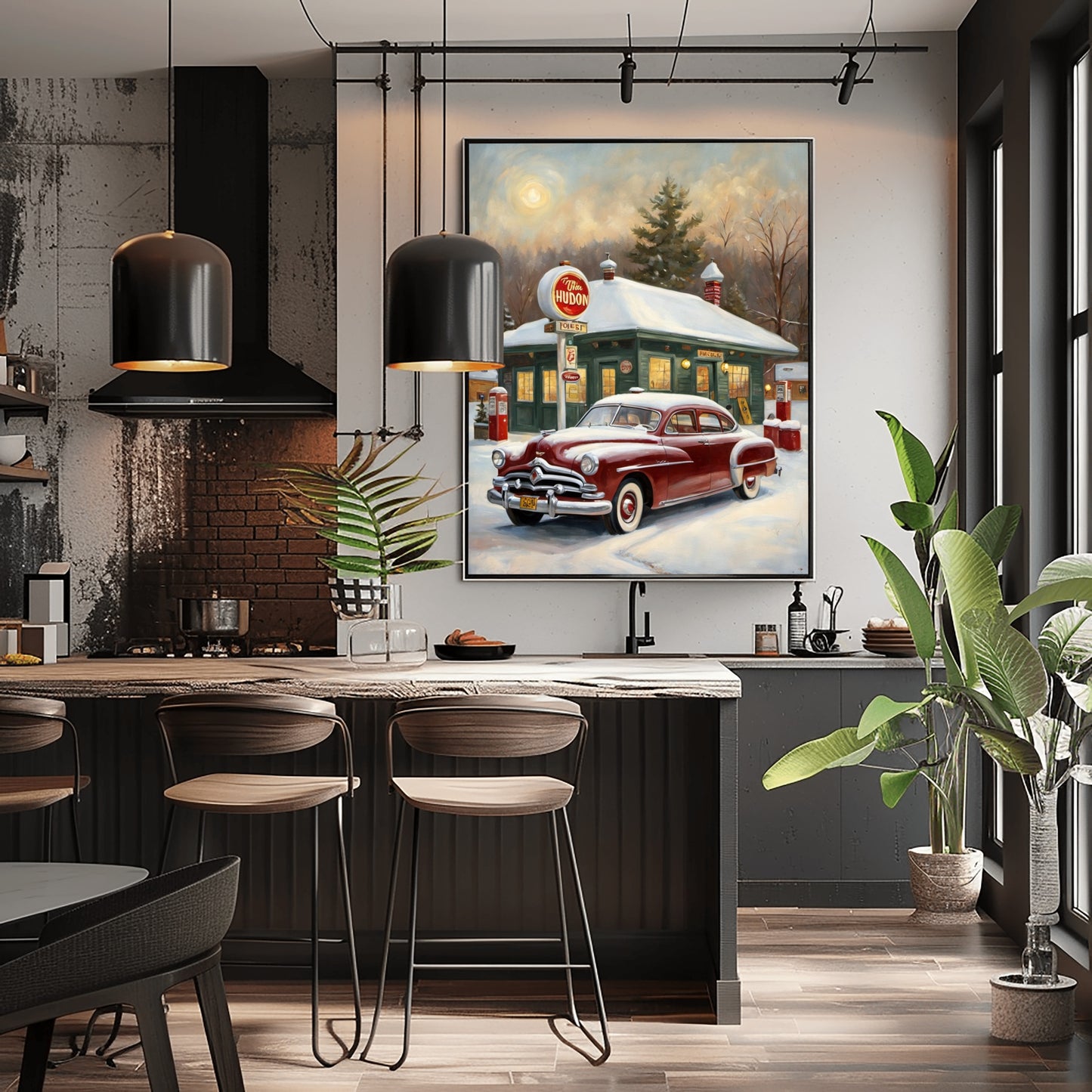 Classic car decor for living room featuring vintage red car and snowy gas station painting above kitchen island
