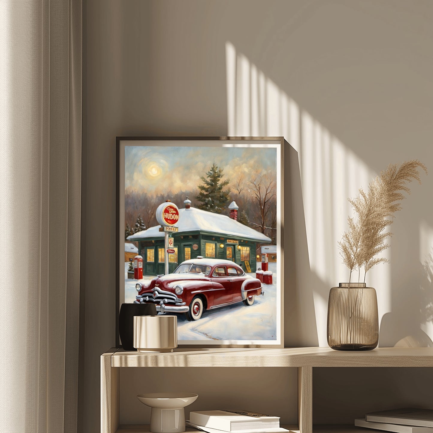 AquilVision digital vintage poster featuring classic car decor for living room with a snowy retro scene