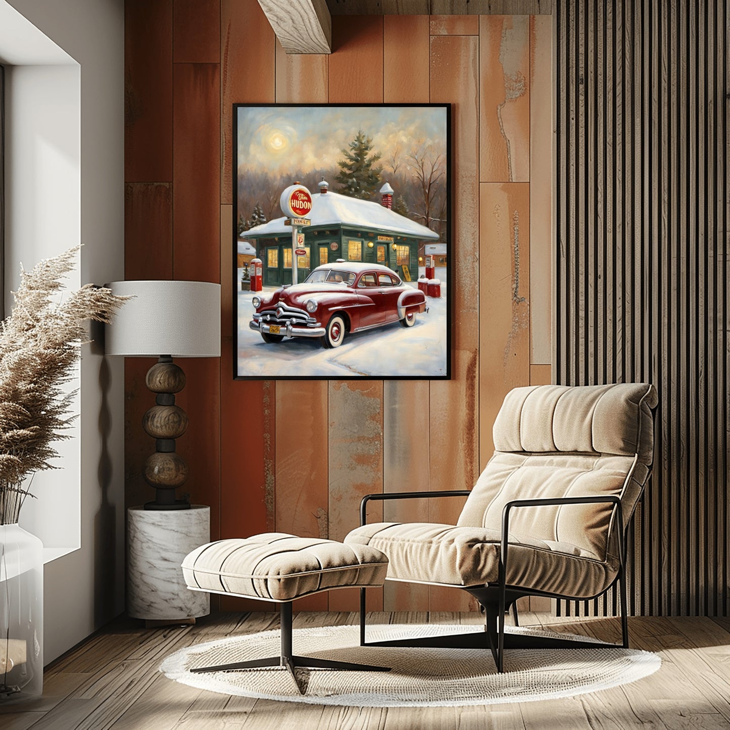 Classic car decor for living room featuring vintage red car painting by AquilVision on wooden wall
