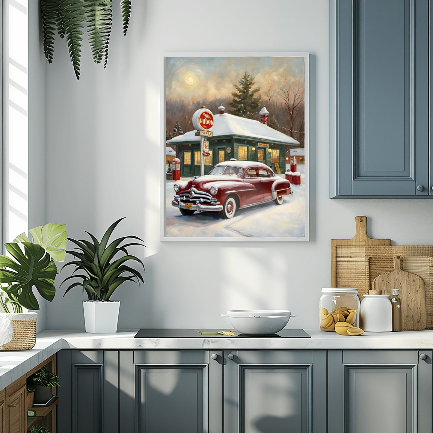 Classic car decor for living room featuring a vintage red car in a snowy winter scene by AquilVision