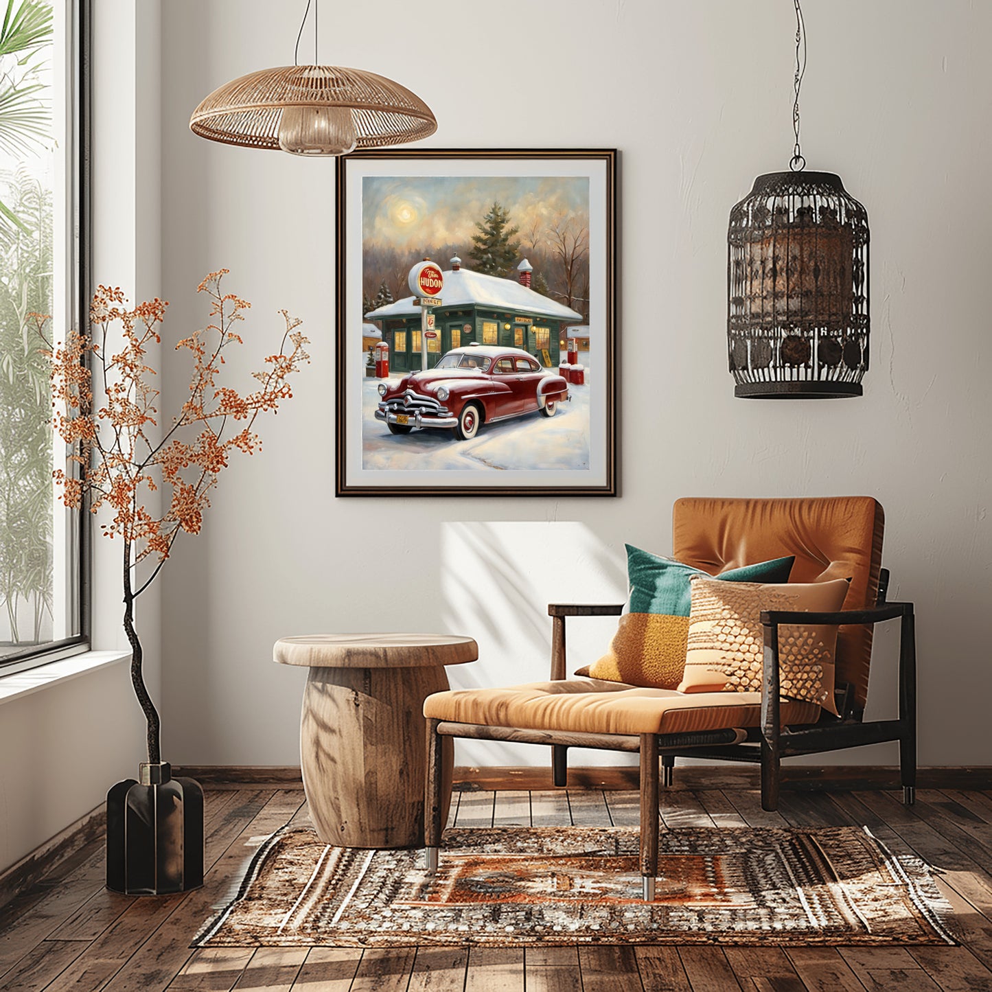 Living room with framed digital classic car decor for living room featuring a vintage red car in winter scene