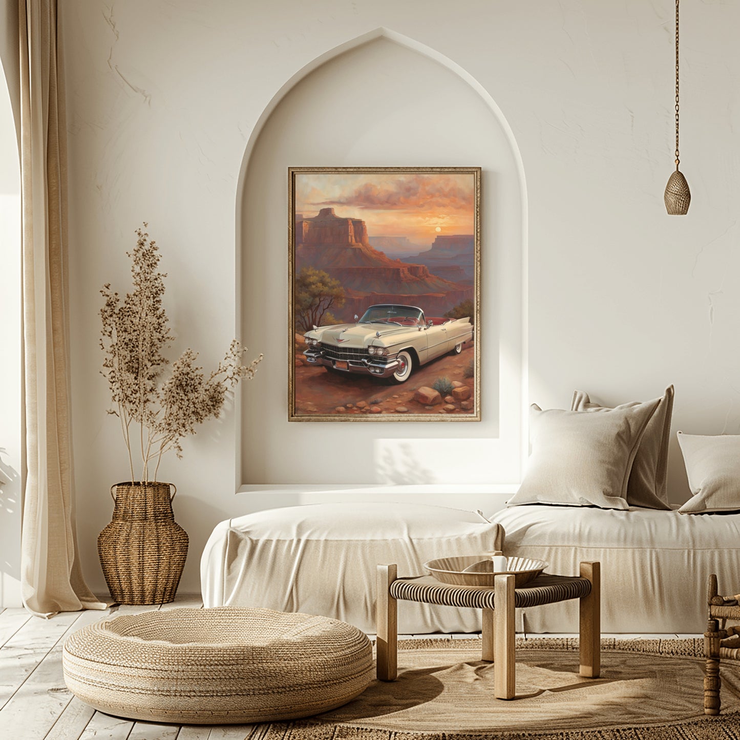 AquilVision digital Grand Canyon sunset artwork featuring a classic car displayed in a modern neutral living room