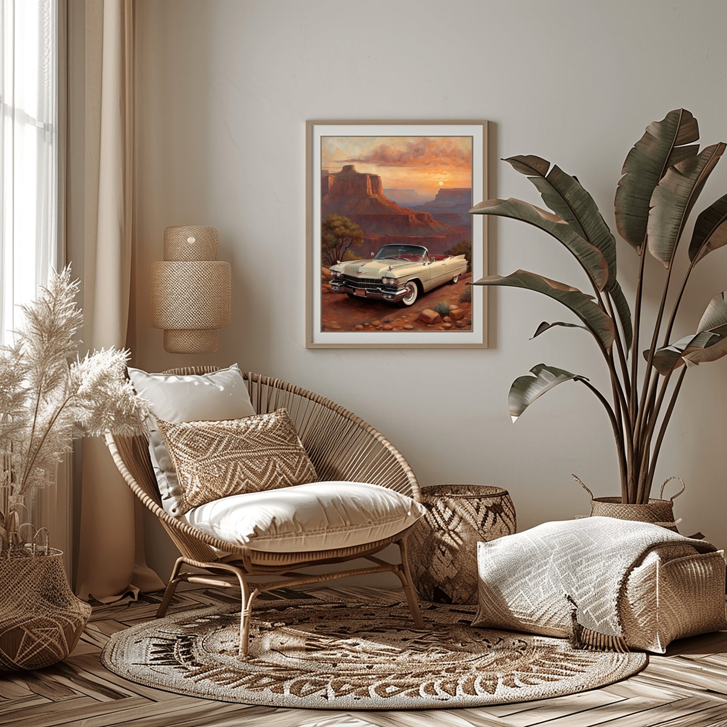Grand Canyon sunset artwork by AquilVision displayed in a cozy, boho-style living room with wicker chair and plants