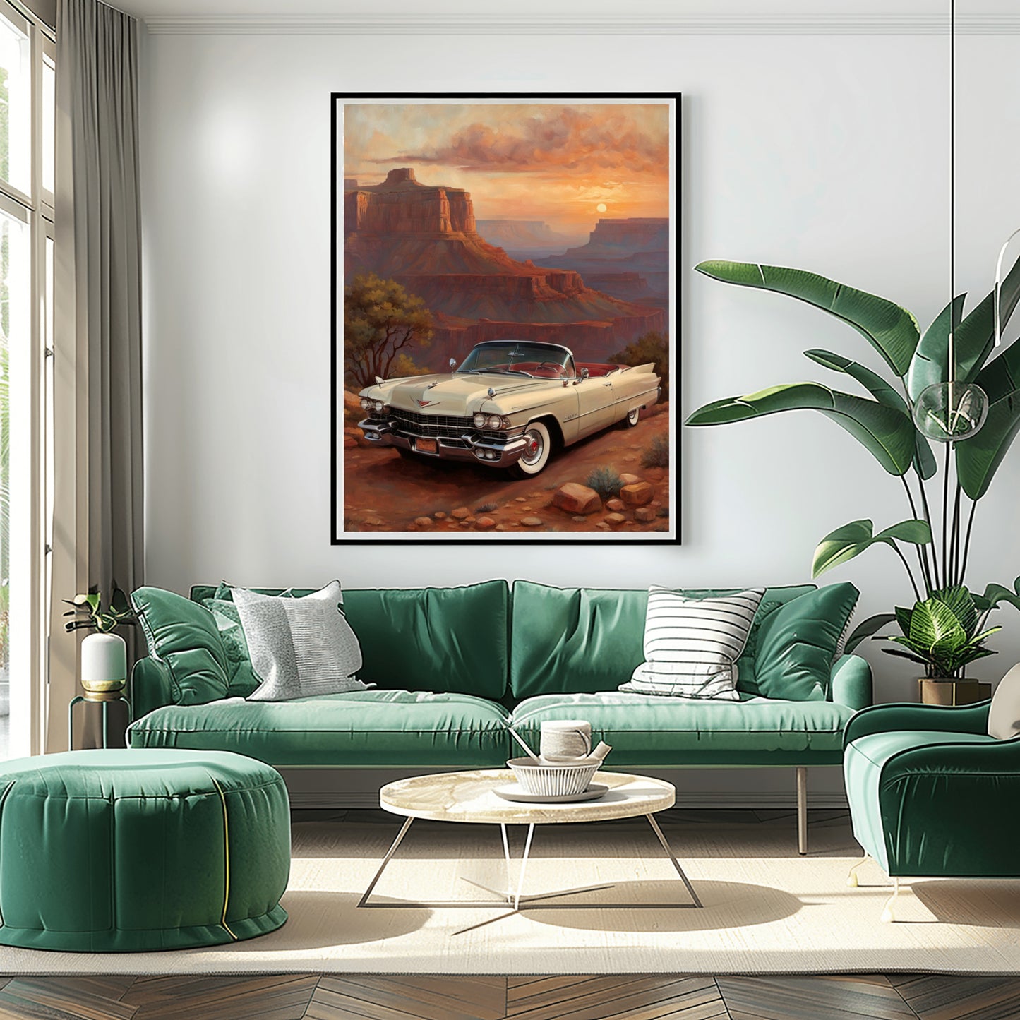 AquilVision digital Grand Canyon sunset artwork featuring vintage car in a modern living room setting