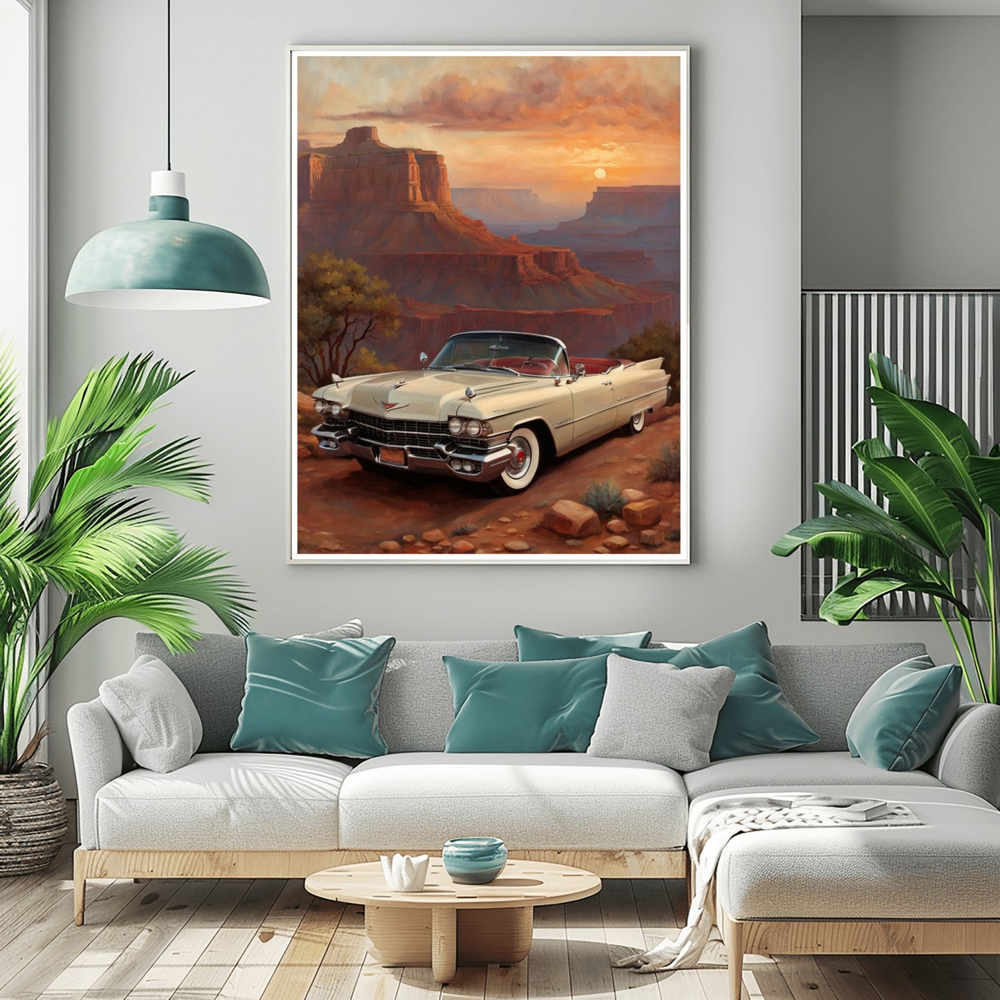 Grand Canyon sunset artwork featuring vintage convertible car on desert road by AquilVision