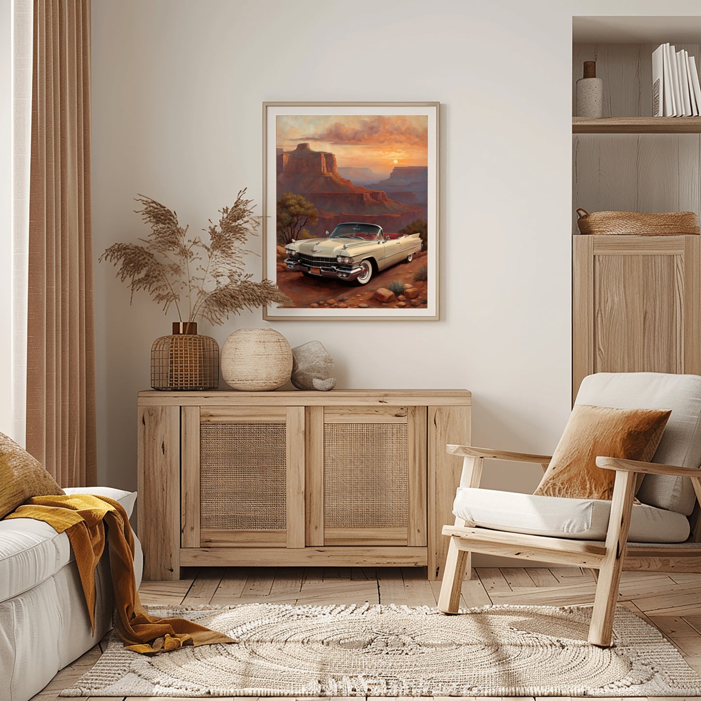 Framed Grand Canyon sunset artwork by AquilVision hanging above wooden cabinet in cozy living room