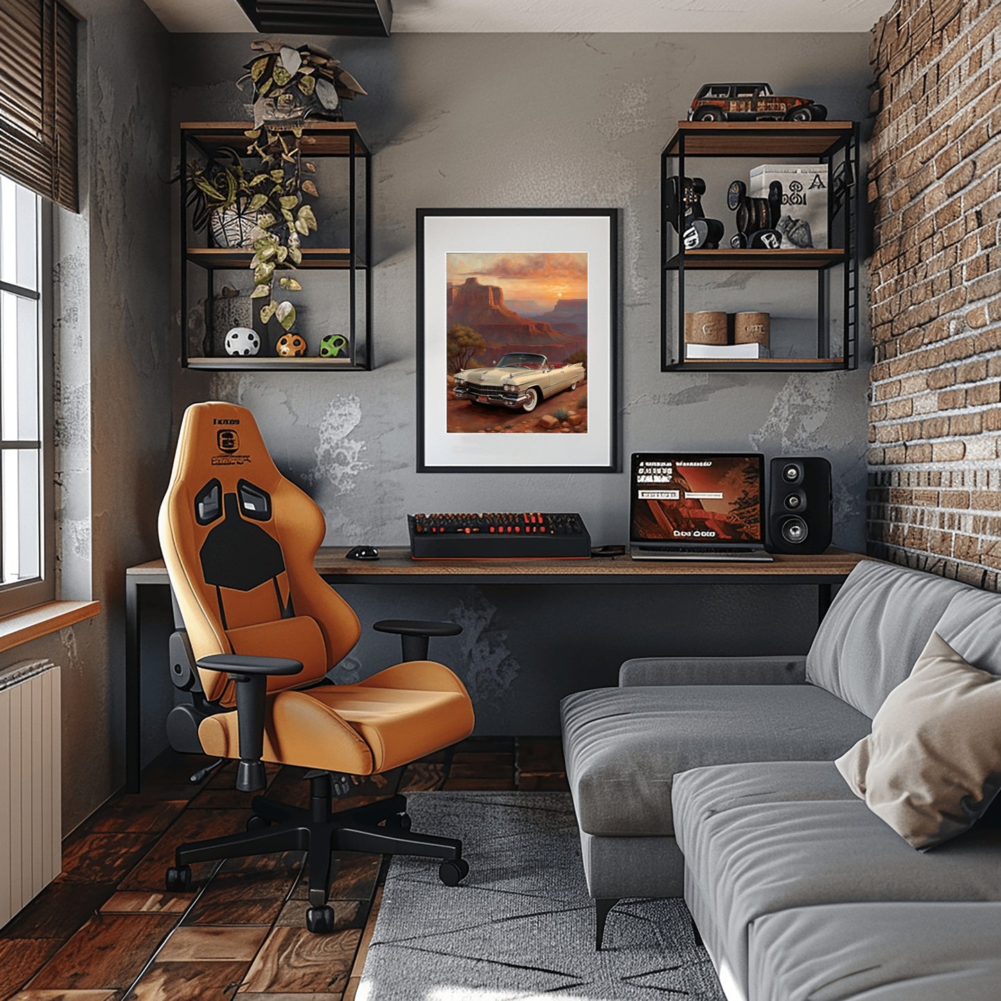 Modern home office featuring Grand Canyon sunset artwork by AquilVision above a wooden desk with computer setup and orange gaming chair