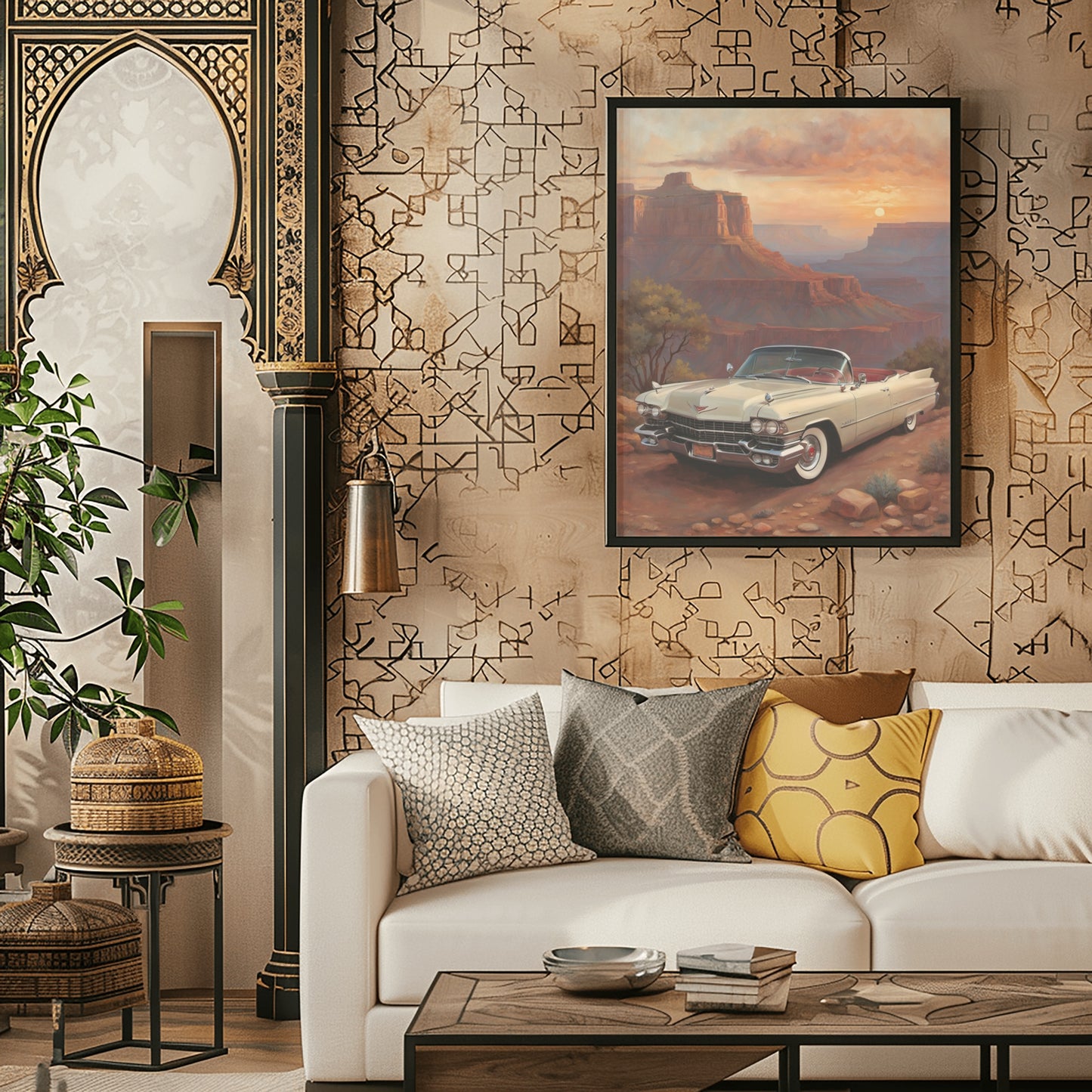 Framed Grand Canyon sunset artwork with a vintage car displayed in stylish living room with sofa and decorative pillows