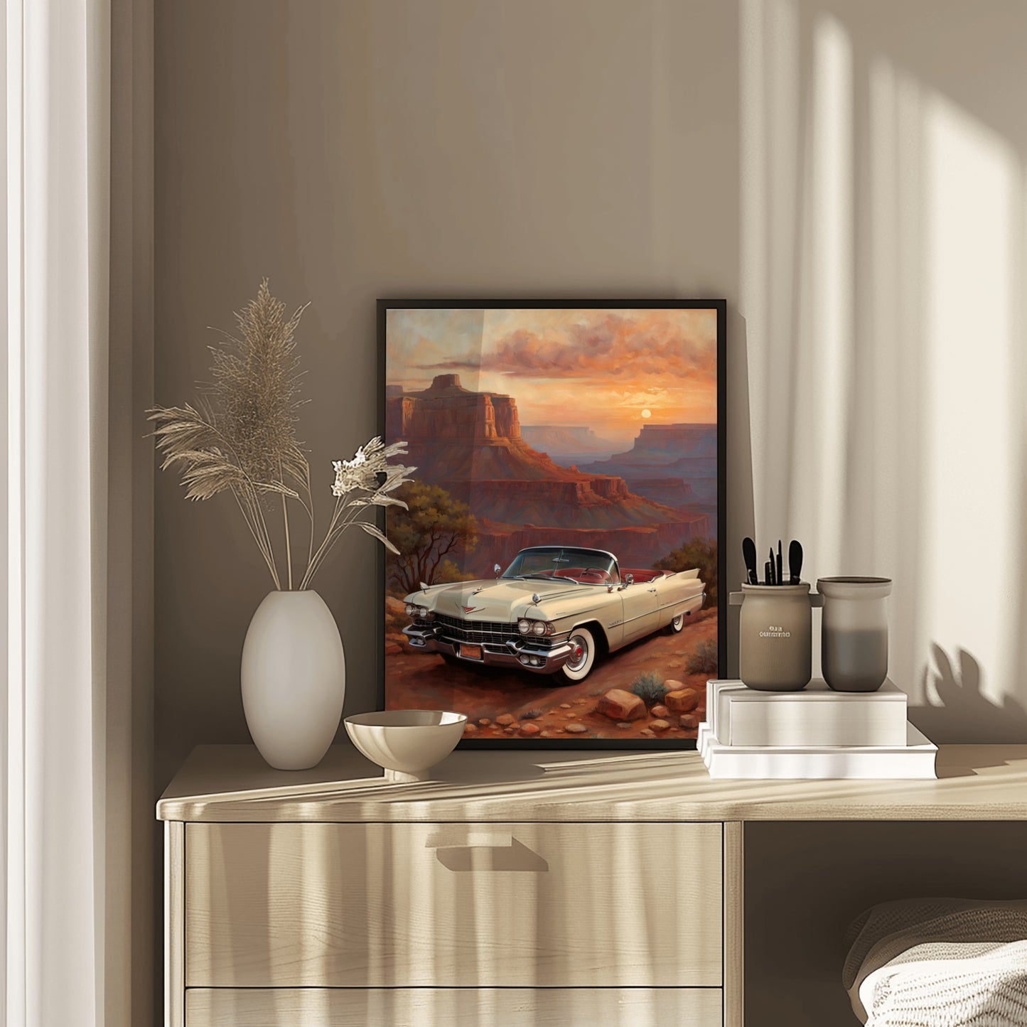 AquilVision Grand Canyon sunset artwork featuring a vintage car at sunset in a framed digital print on a wooden dresser