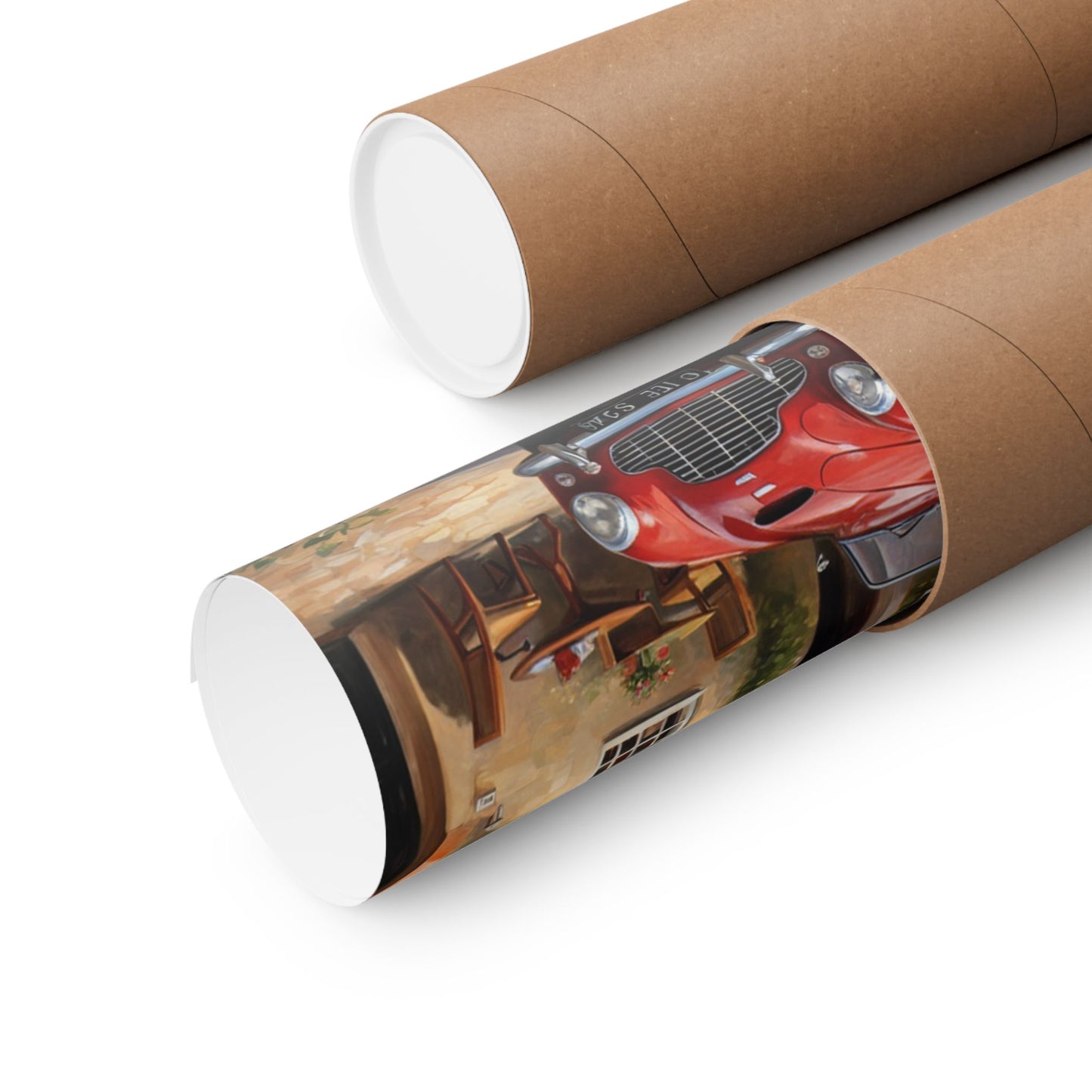 Classic Car Matte Vertical Poster rolled in protective packaging, showcasing vintage car artwork