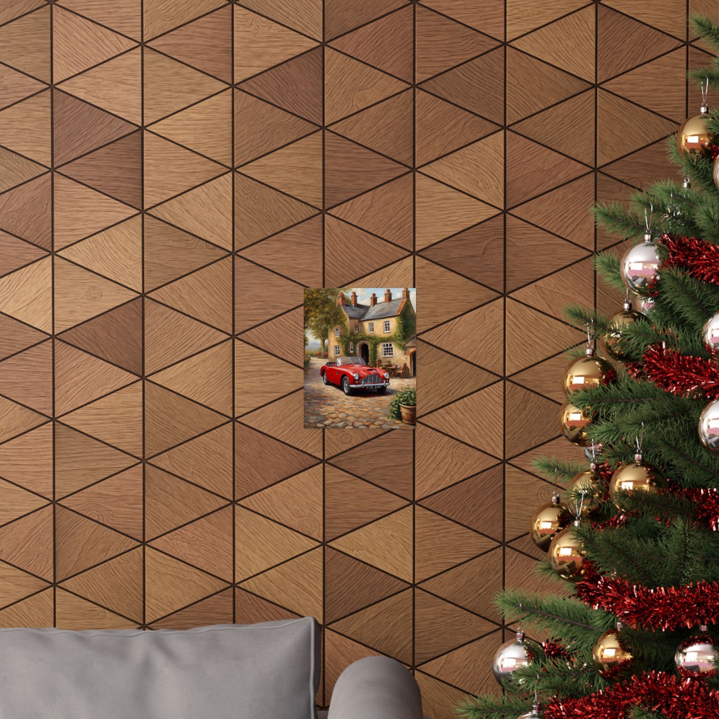 Classic Car Matte Vertical Poster displayed on a wooden geometric wall next to a festive Christmas tree