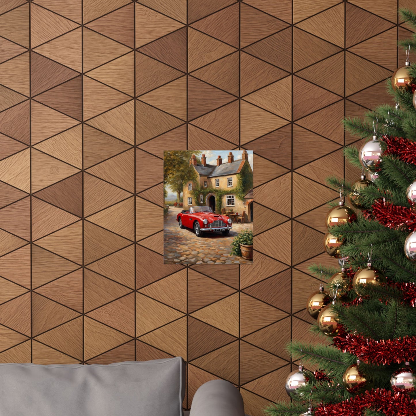 Classic Car Matte Vertical Poster displayed on a geometric wooden wall with a Christmas tree nearby