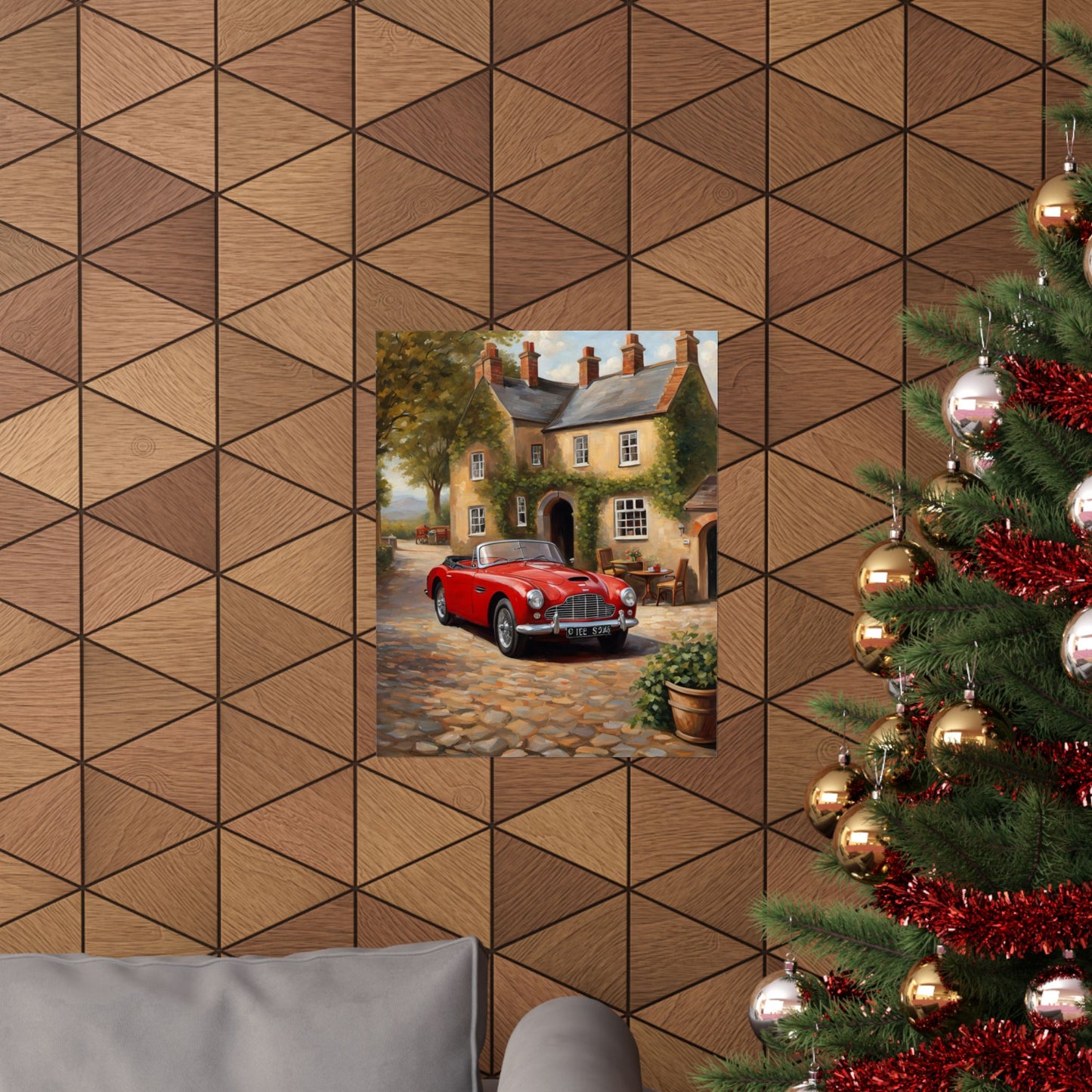 Classic Car Matte Vertical Poster featuring a red vintage car parked by a charming cottage