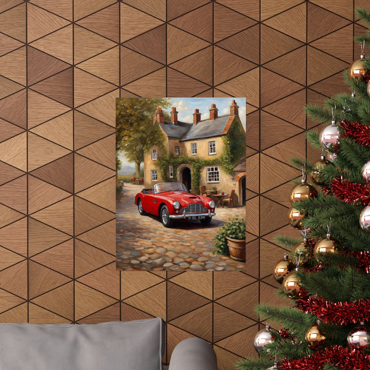 Classic Car Matte Vertical Poster featuring a red vintage car in front of a charming cottage