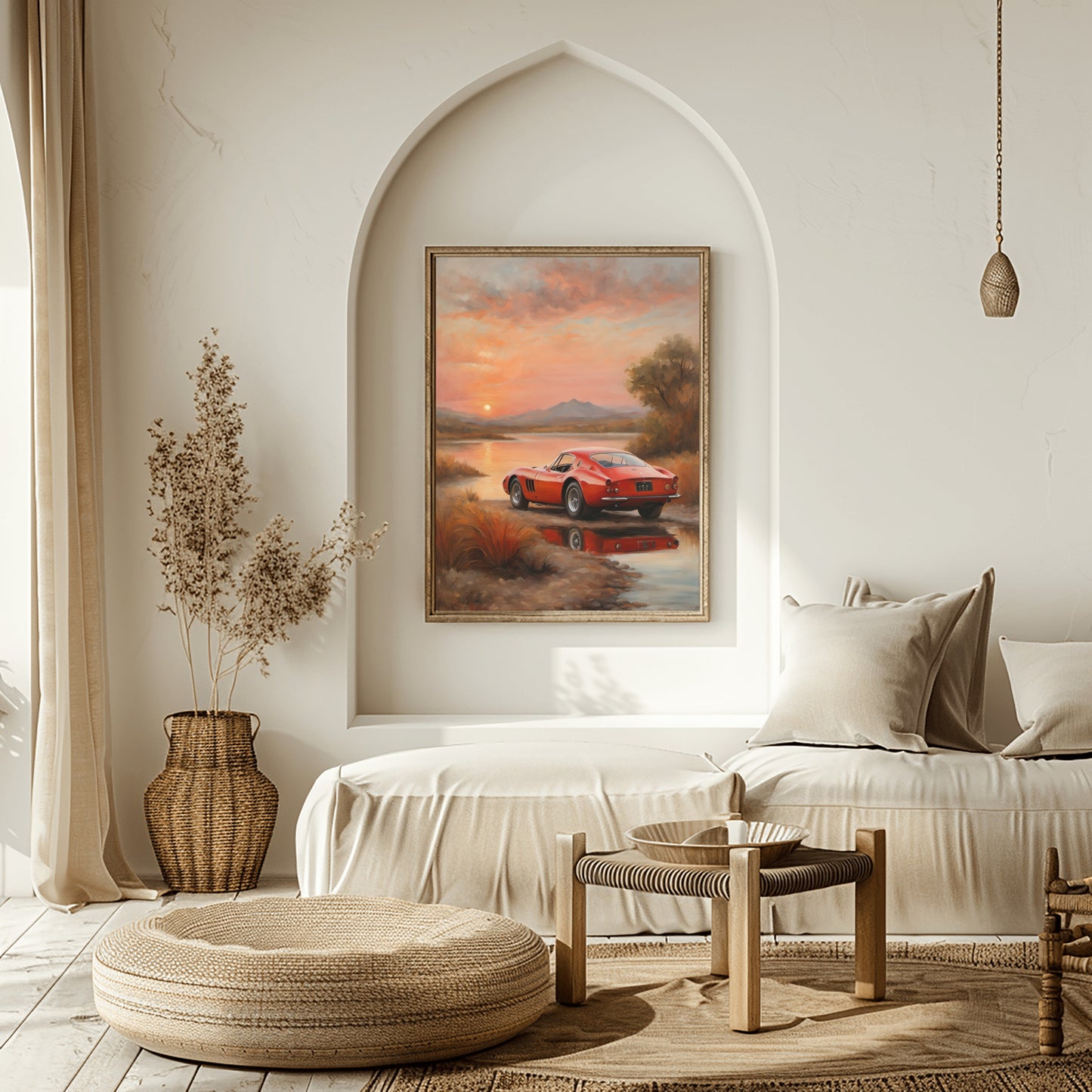 AquilVision digital quiet sunset landscape painting featuring a red vintage car by a peaceful water scene