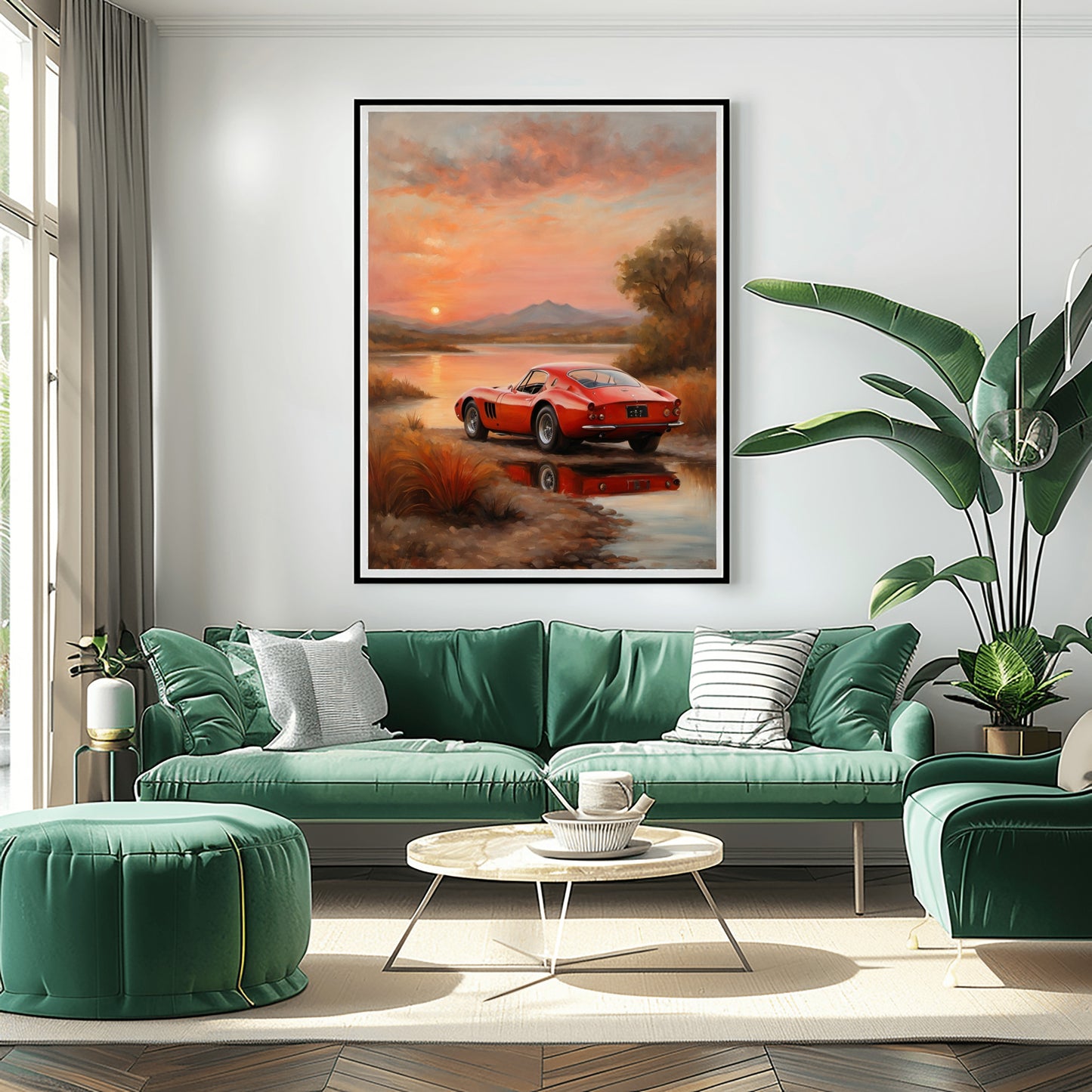Digital quiet sunset landscape painting with a red classic car by a river in a modern living room