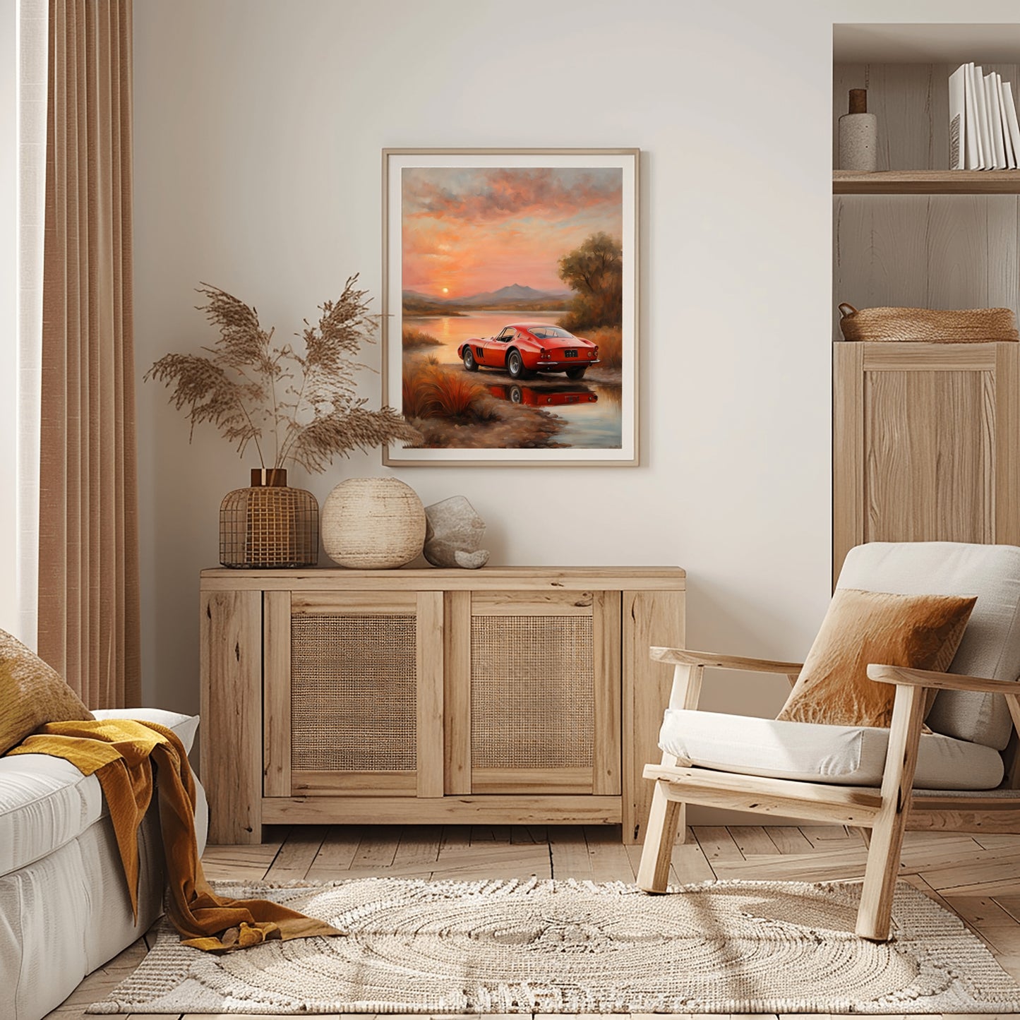 Quiet sunset landscape painting featuring a red sports car over a reflective lake in a cozy living room