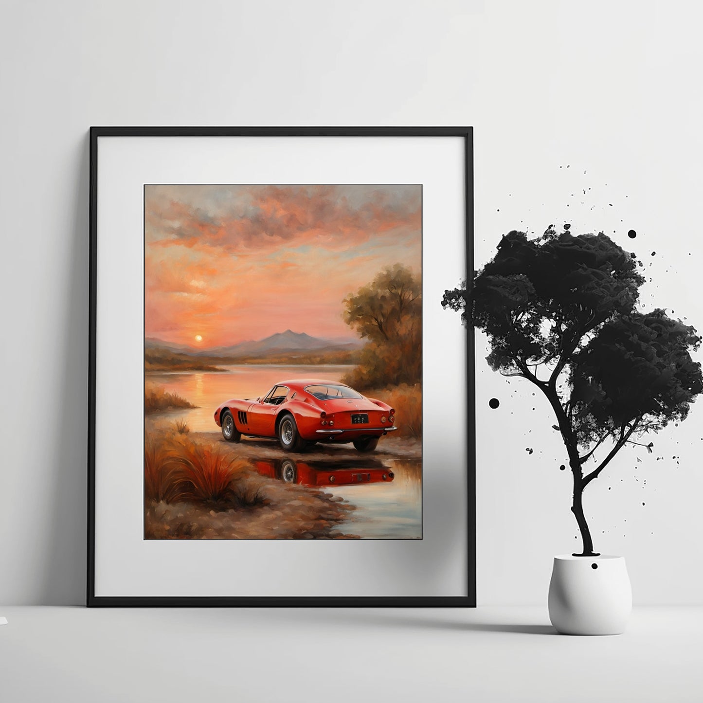 Framed quiet sunset landscape painting featuring a red vintage car by a river with trees and mountains