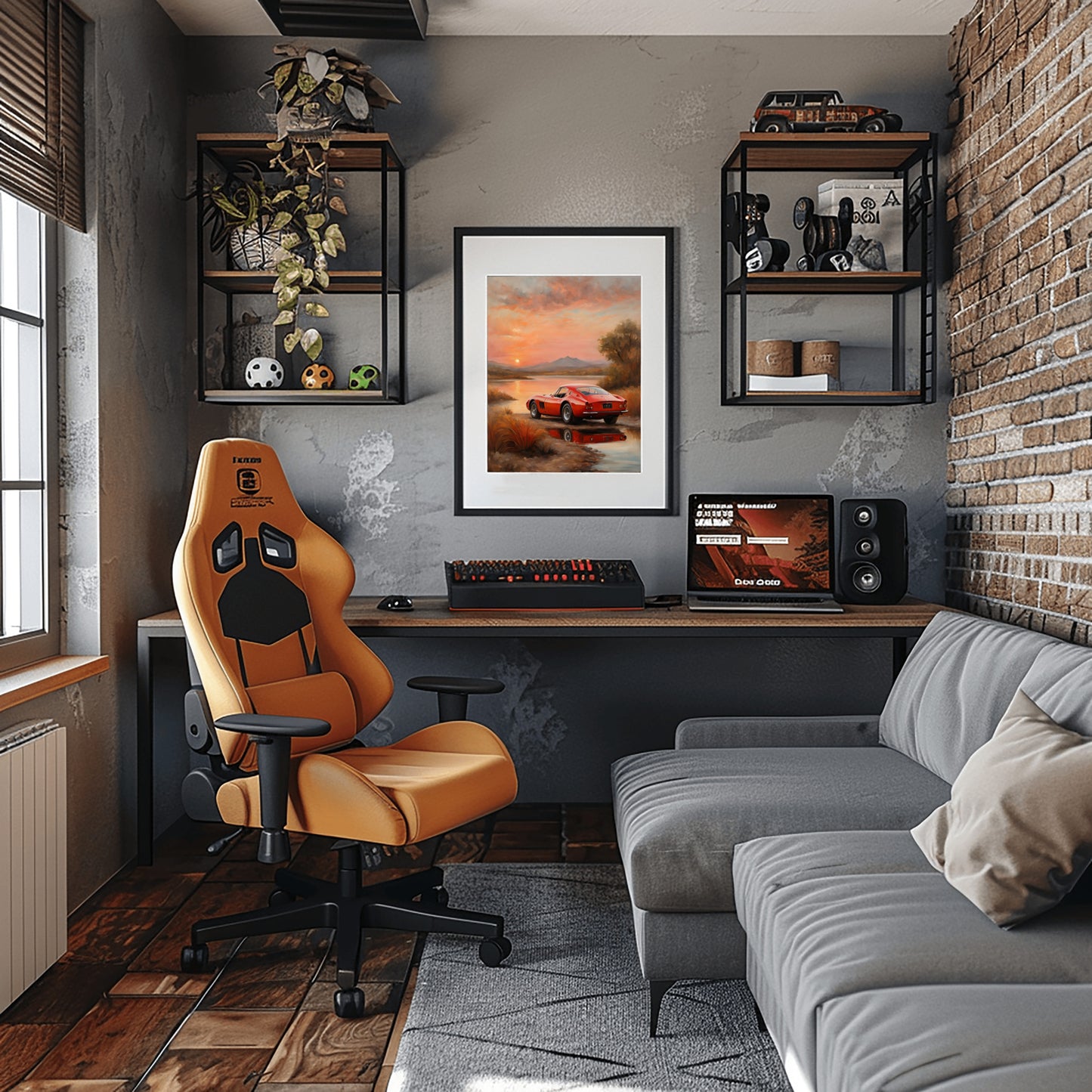 Cozy modern office with framed quiet sunset landscape painting above a desk by AquilVision