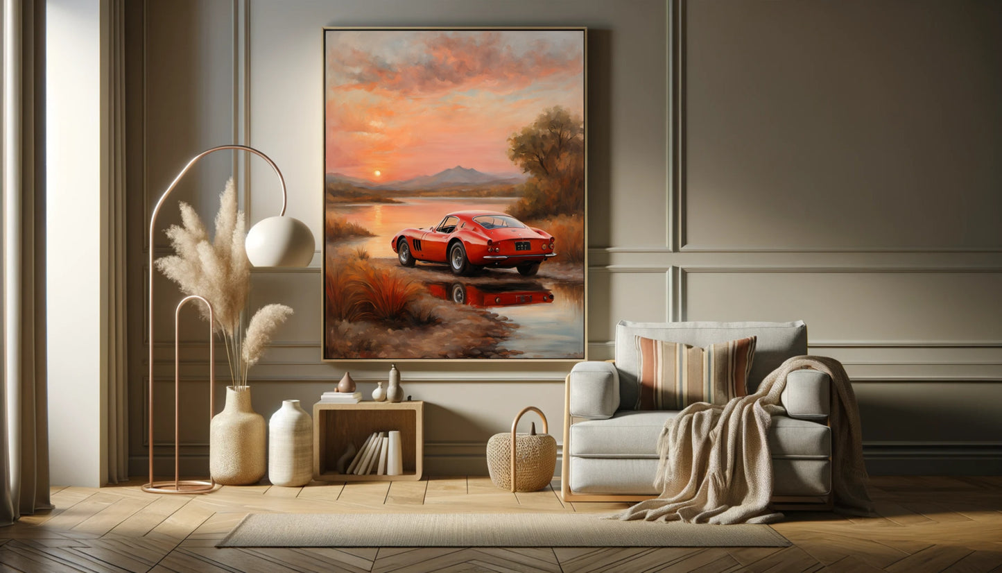 Quiet sunset landscape painting by AquilVision featuring a red car by a reflective water scene in warm tones