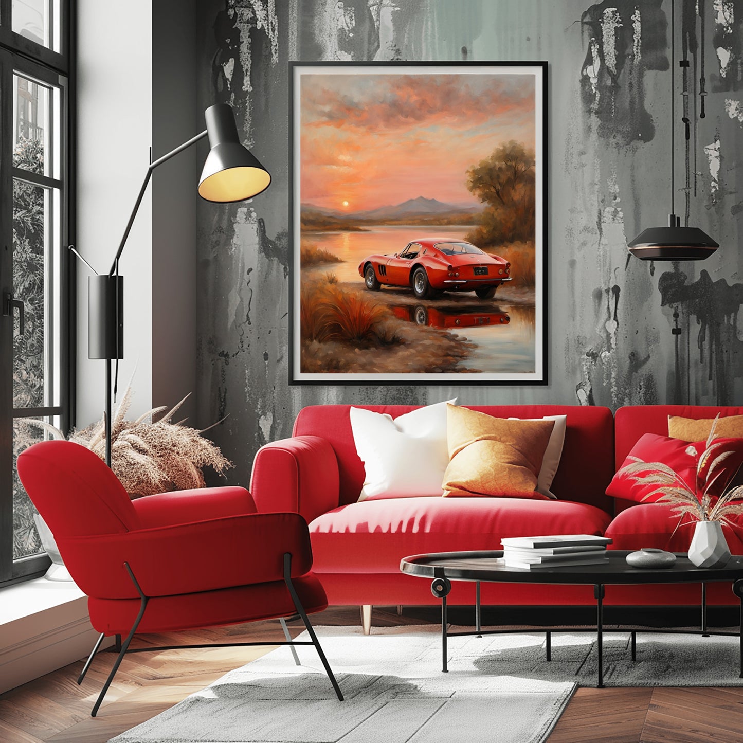 quiet sunset landscape painting by AquilVision featuring orange car near water in modern living room