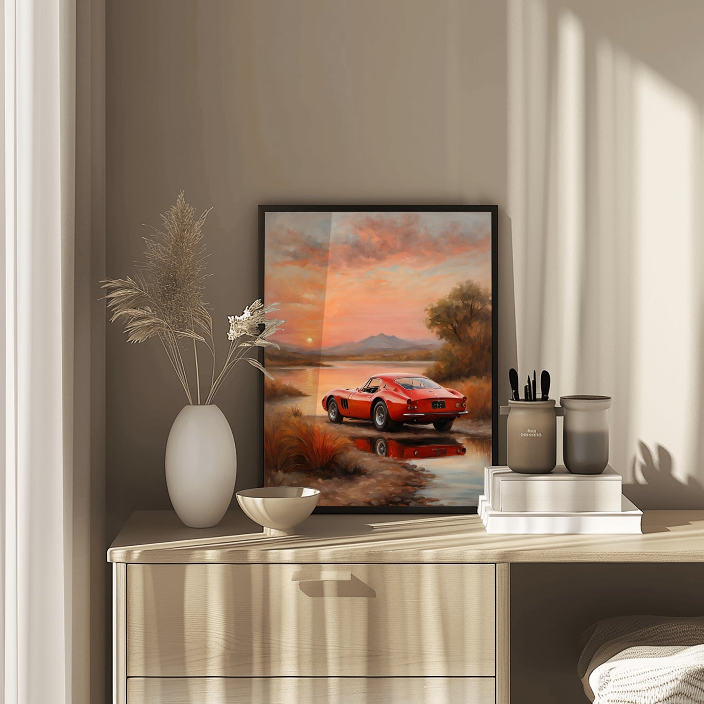 Quiet sunset landscape painting featuring a red vintage car by AquilVision displayed on a wooden dresser
