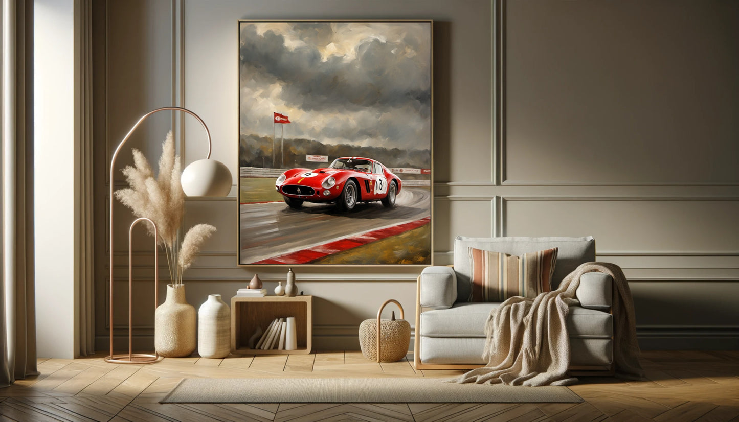 Classic car racing artwork by AquilVision displayed in a modern living room with neutral decor and cozy seating