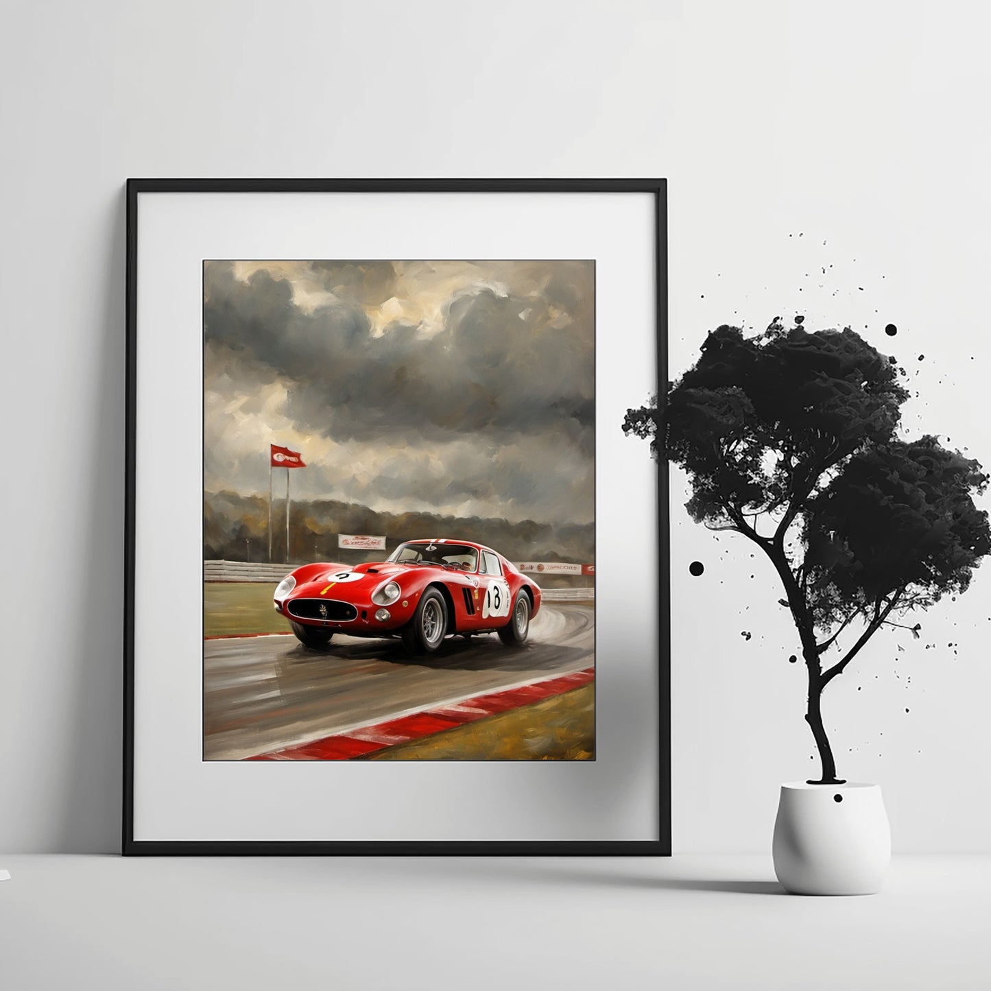 Framed digital classic car racing artwork featuring a vintage red race car on a stormy racetrack by AquilVision