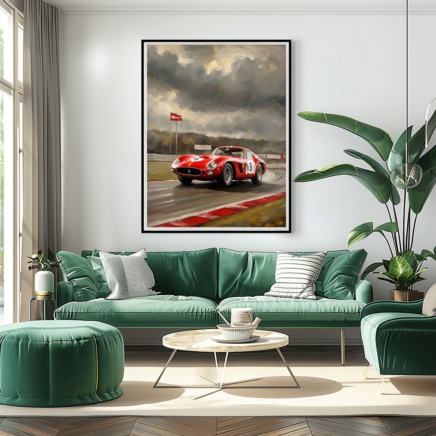 Classic car racing artwork featuring a red vintage race car on a track with dramatic skies