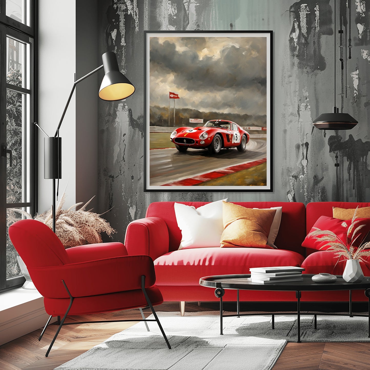 Classic car racing artwork of a red vintage race car displayed in modern living room with red sofa and gray walls