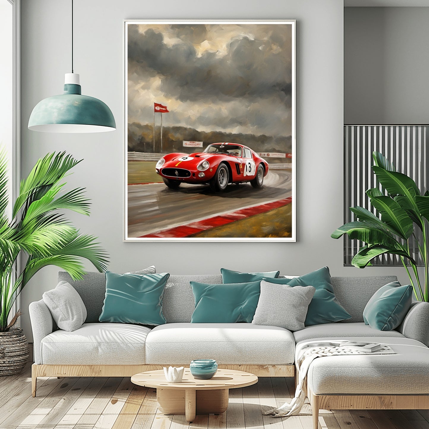 Classic car racing artwork featuring a red vintage race car on a track with cloudy skies