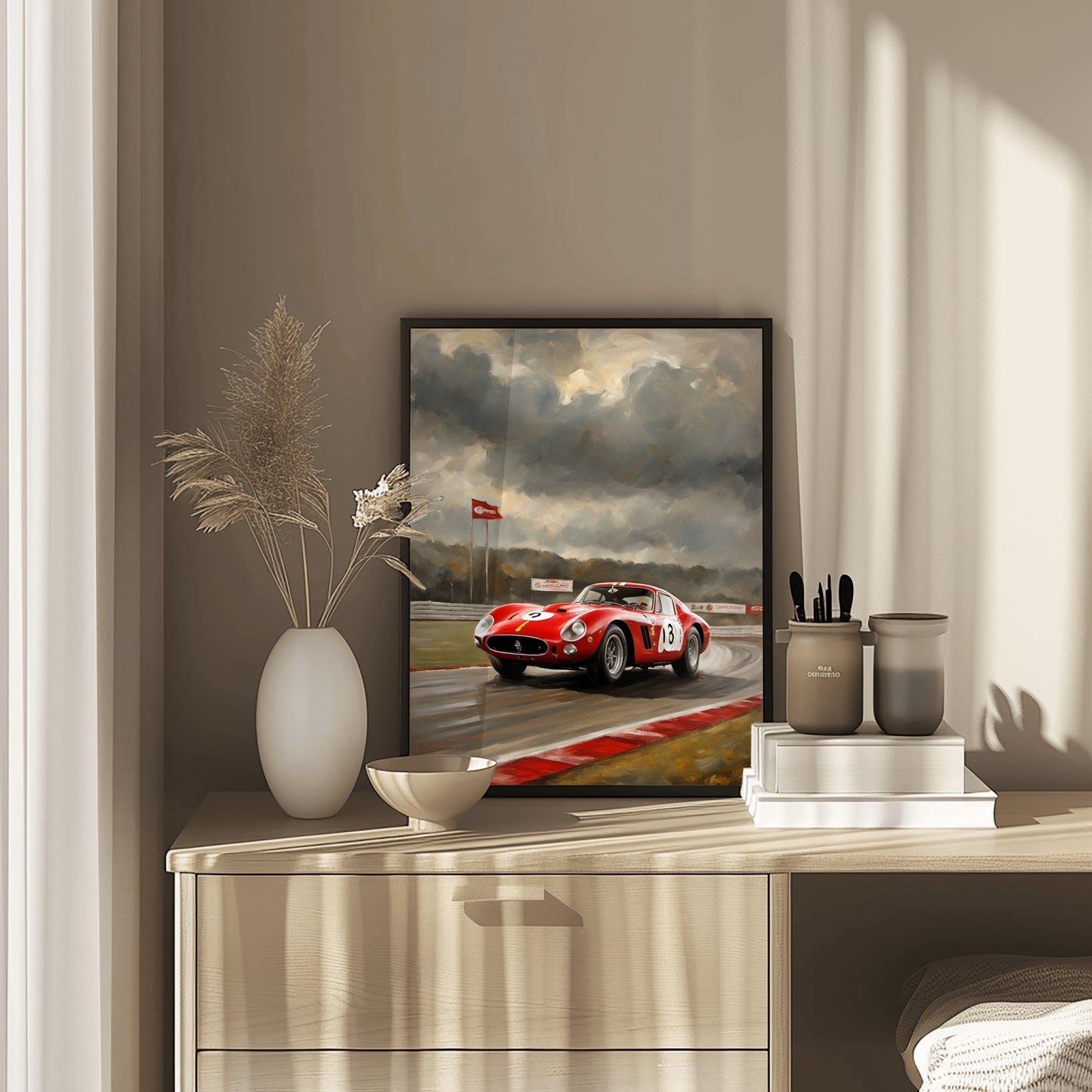 Classic car racing artwork featuring a red vintage race car on a track with stormy skies