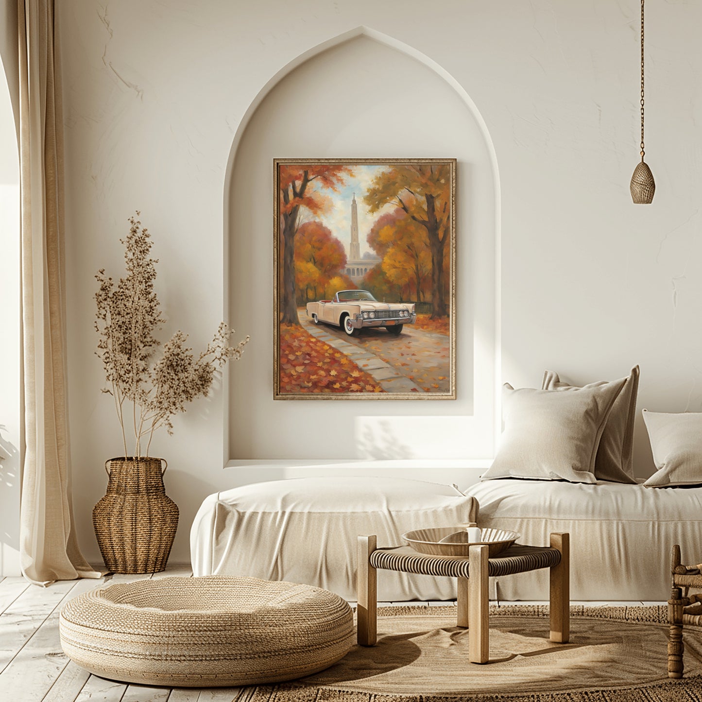 Classic car wall art by AquilVision featuring a vintage white car on a fall tree-lined street in a cozy modern living room