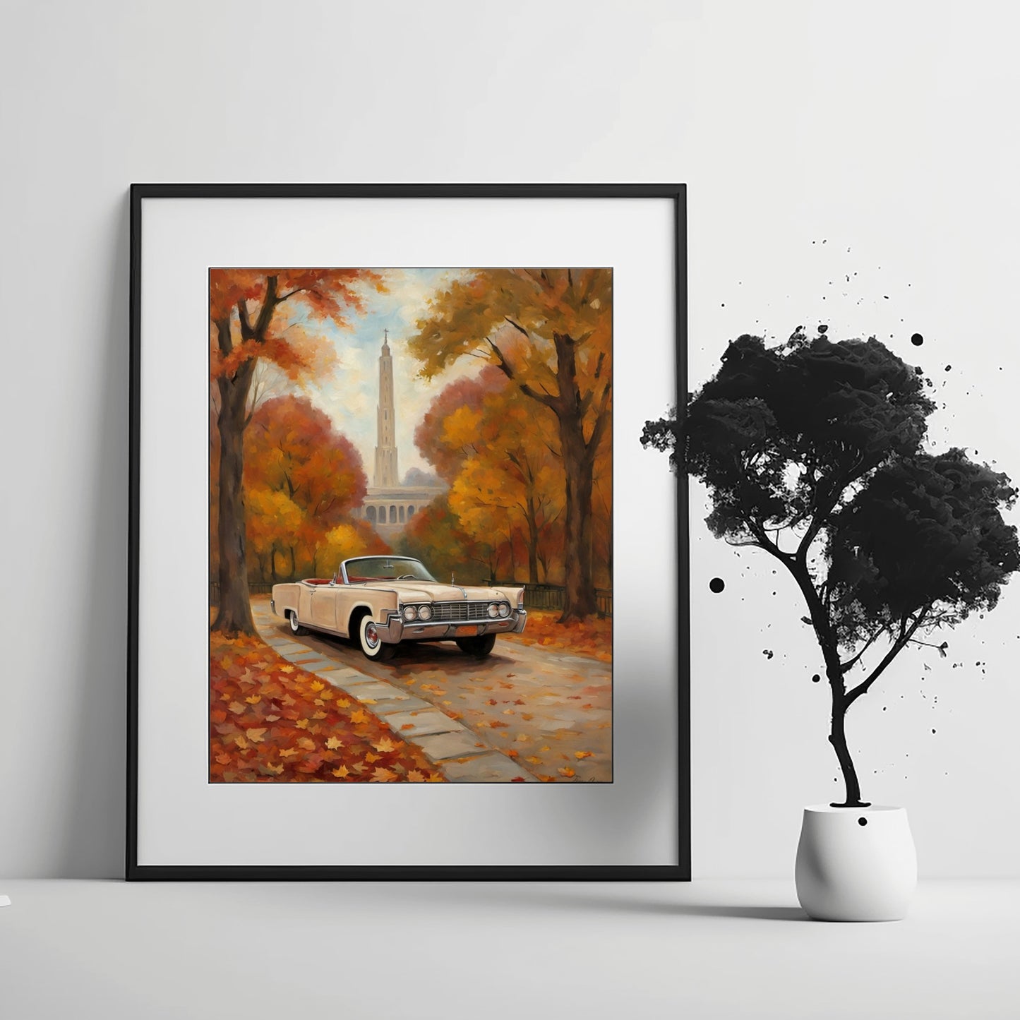 AquilVision classic car wall art featuring a vintage car on a fall tree-lined street with a distant tower