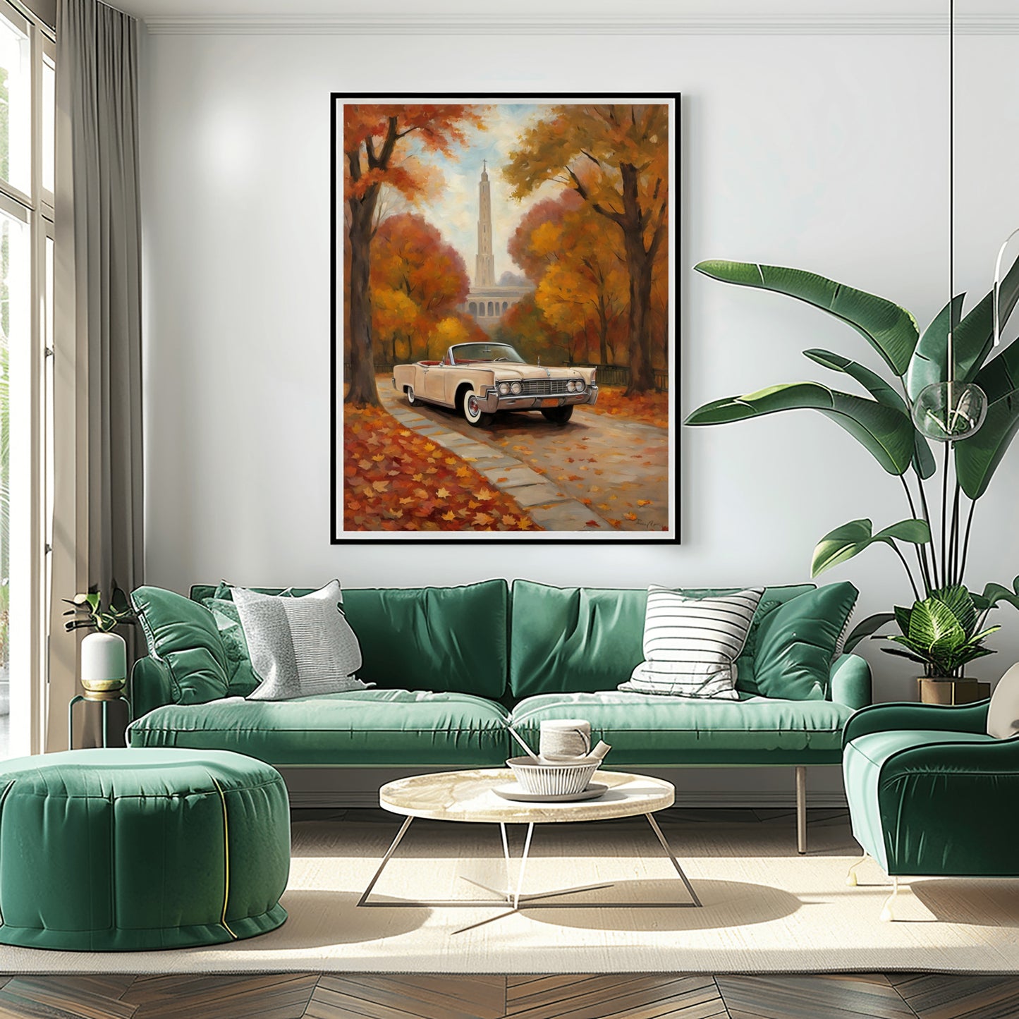 Classic car wall art digital print by AquilVision displayed above a green sofa in modern living room