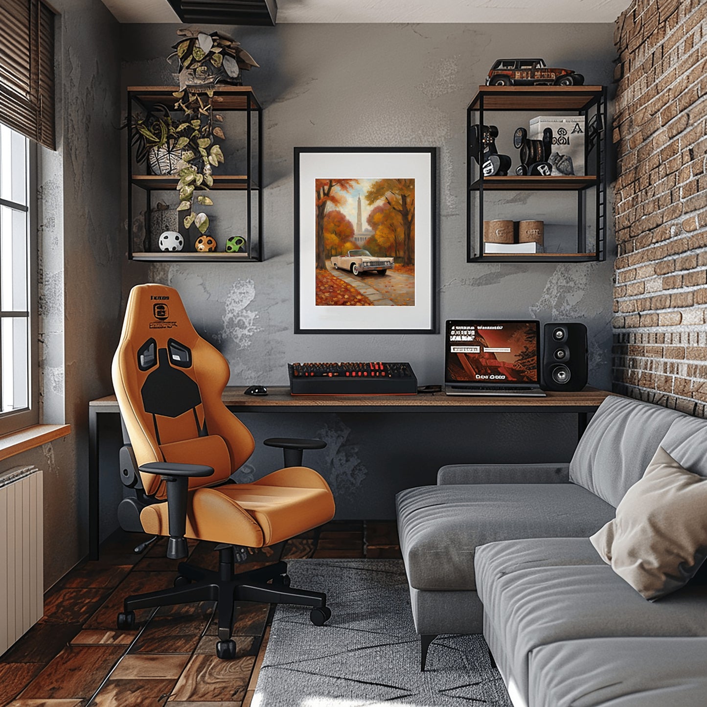 Modern home office with orange gaming chair and classic car wall art by AquilVision above desk