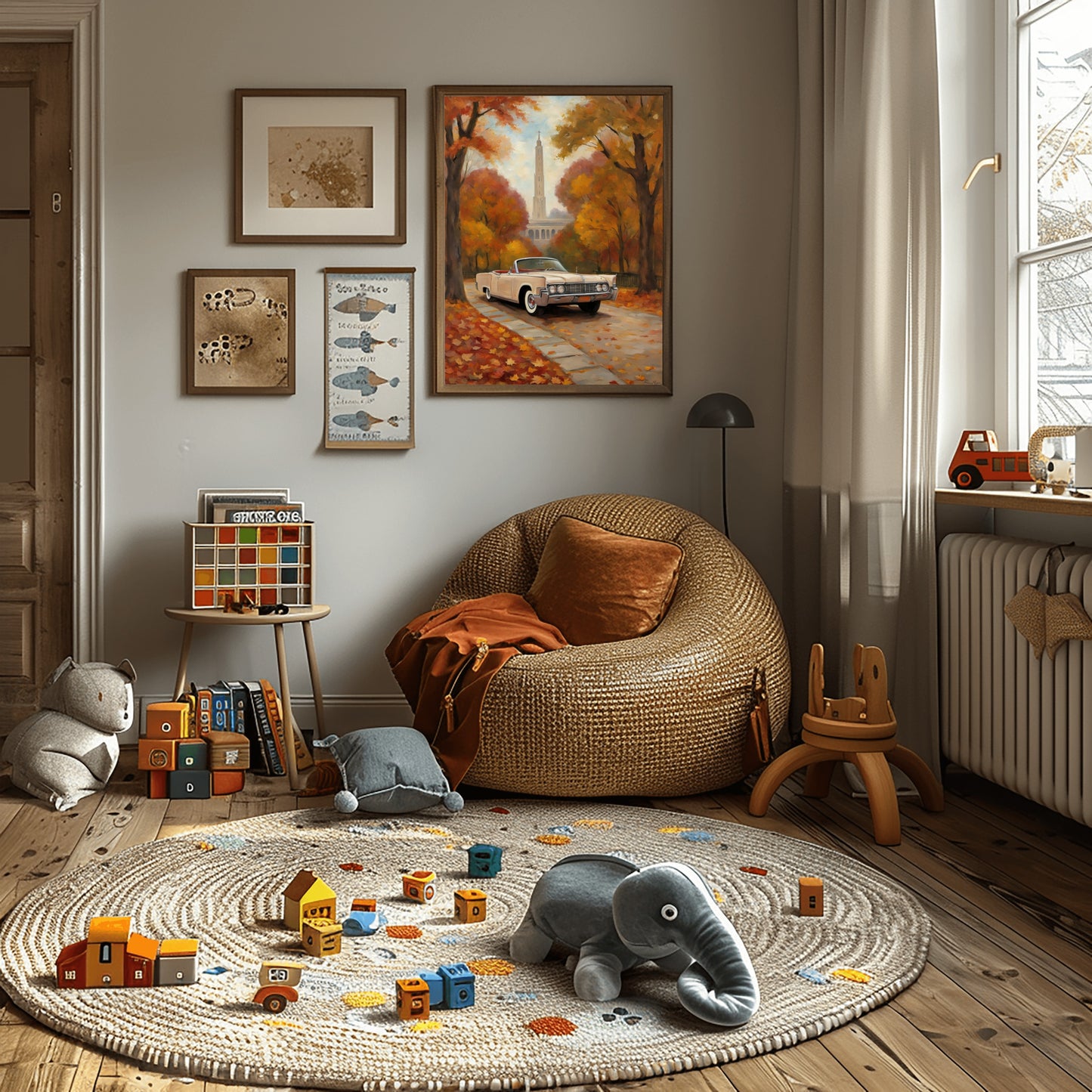 Cozy children's room with classic car wall art by AquilVision featuring autumn scenery above a wicker chair