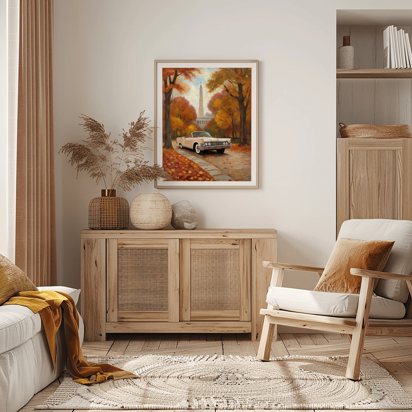 Framed classic car wall art featuring a vintage car on an autumn road in a cozy living room