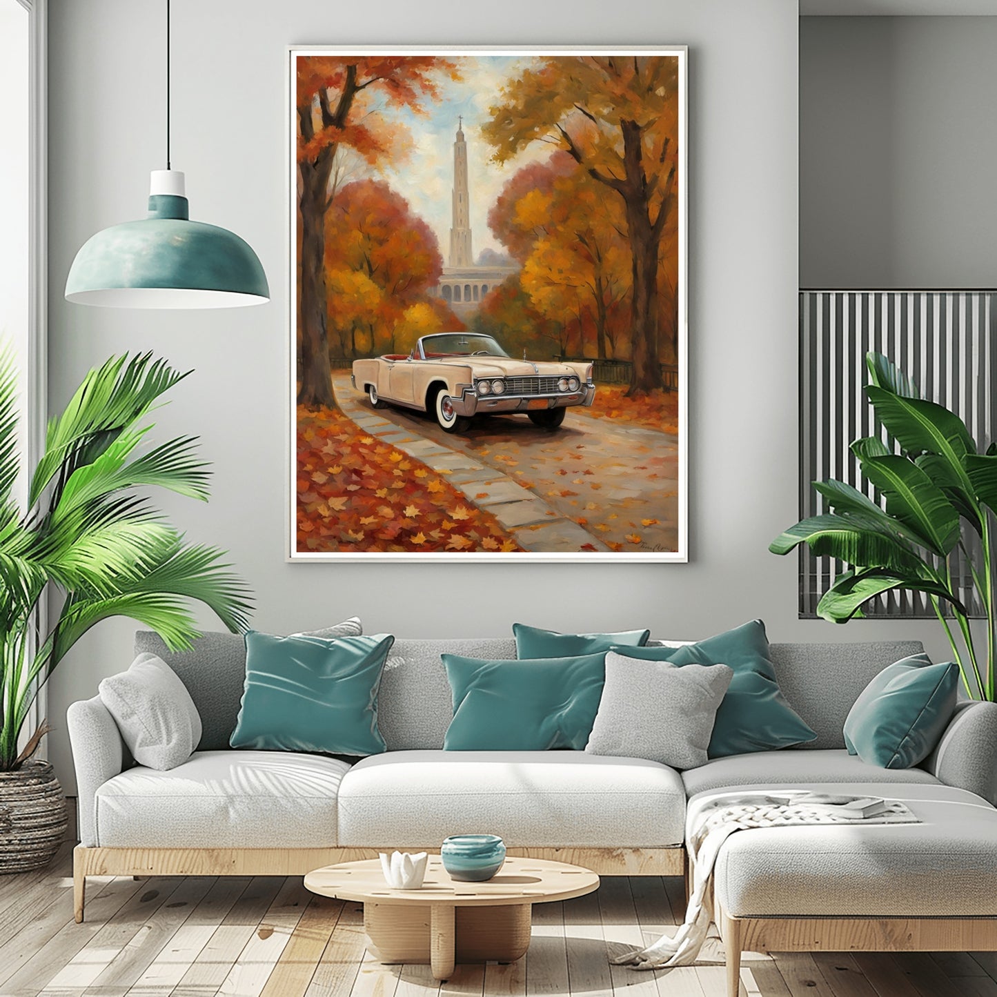 Classic car wall art digital print by AquilVision featuring vintage car on autumn road in cozy living room