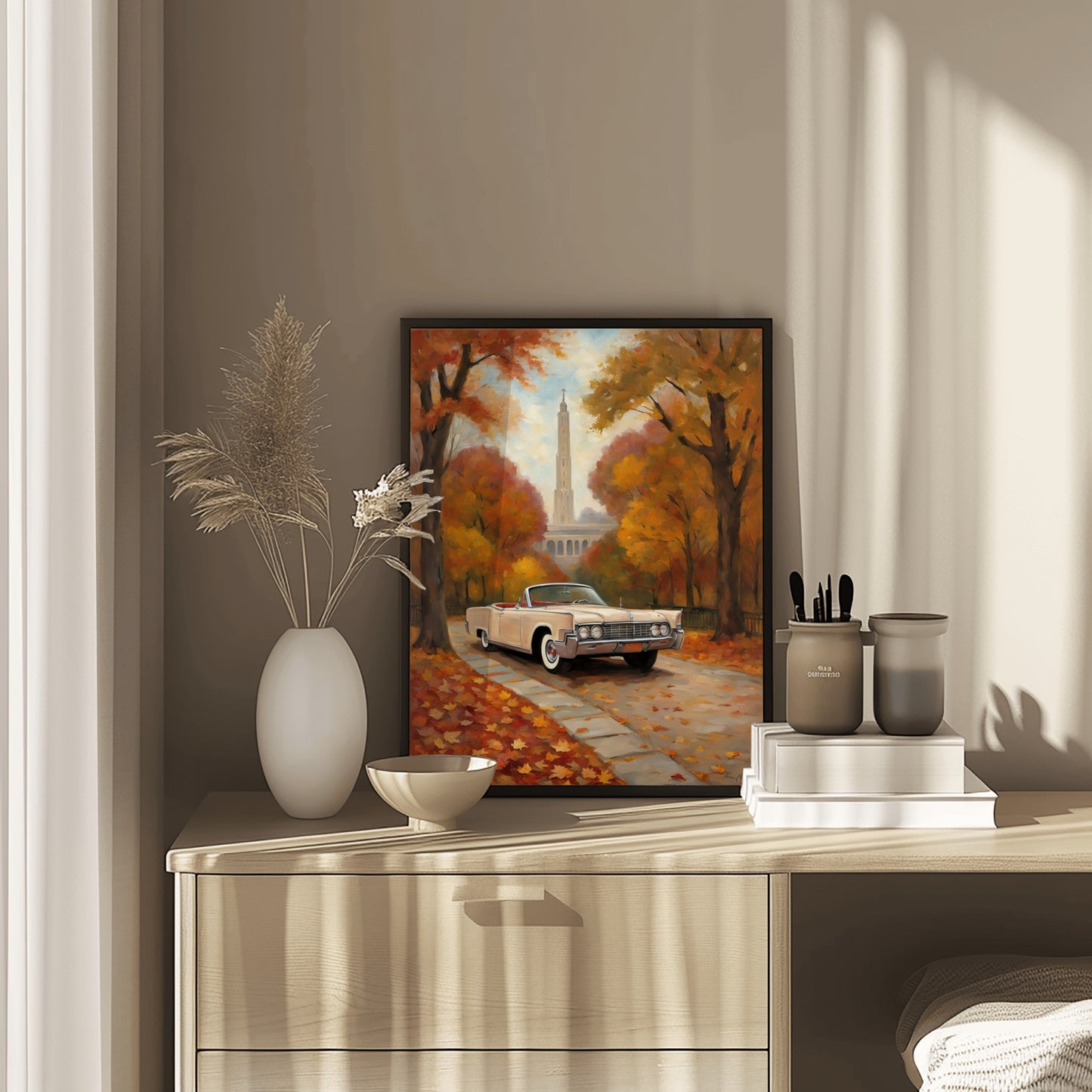 AquilVision classic car wall art digital print showing a vintage car on a fall tree-lined path with a monument in the background
