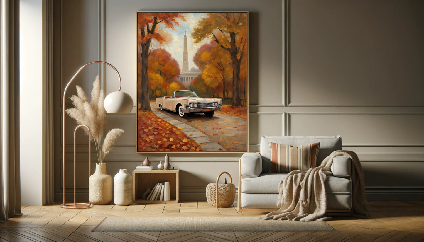 AquilVision classic car wall art featuring a vintage car on a fall tree-lined street in a stylish living room
