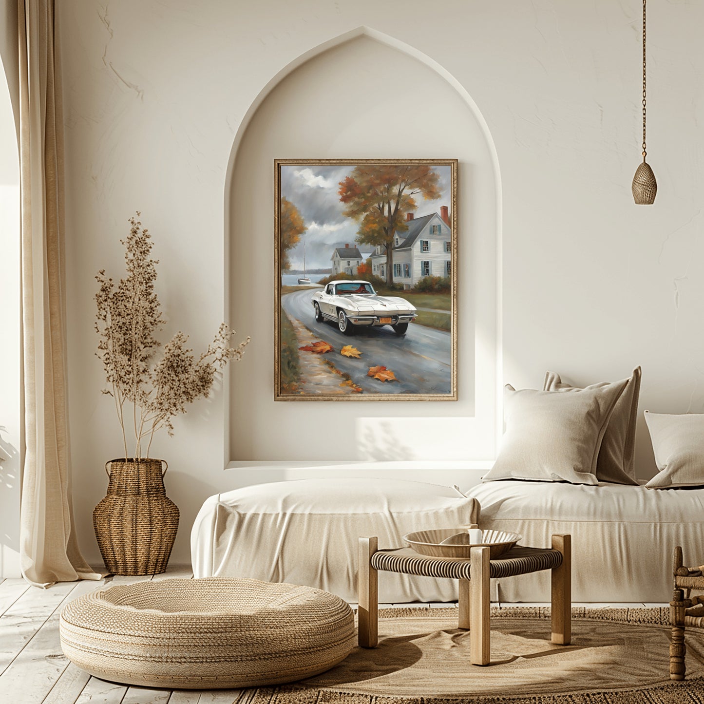 AquilVision digital framed quiet harbor artwork for living room showing vintage car on a wet coastal street with autumn trees