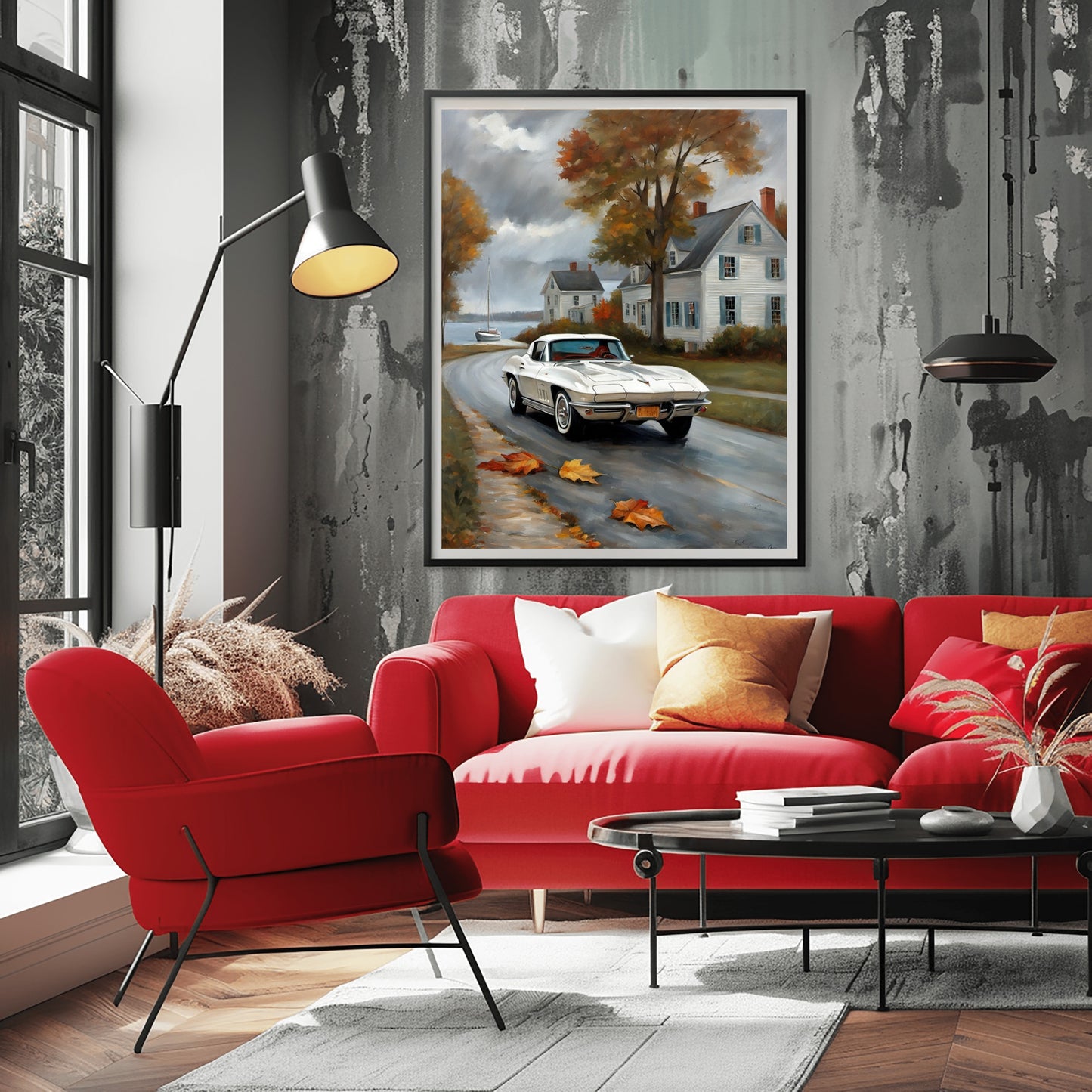 AquilVision digital framed quiet harbor artwork for living room showing classic car driving past coastal houses in autumn