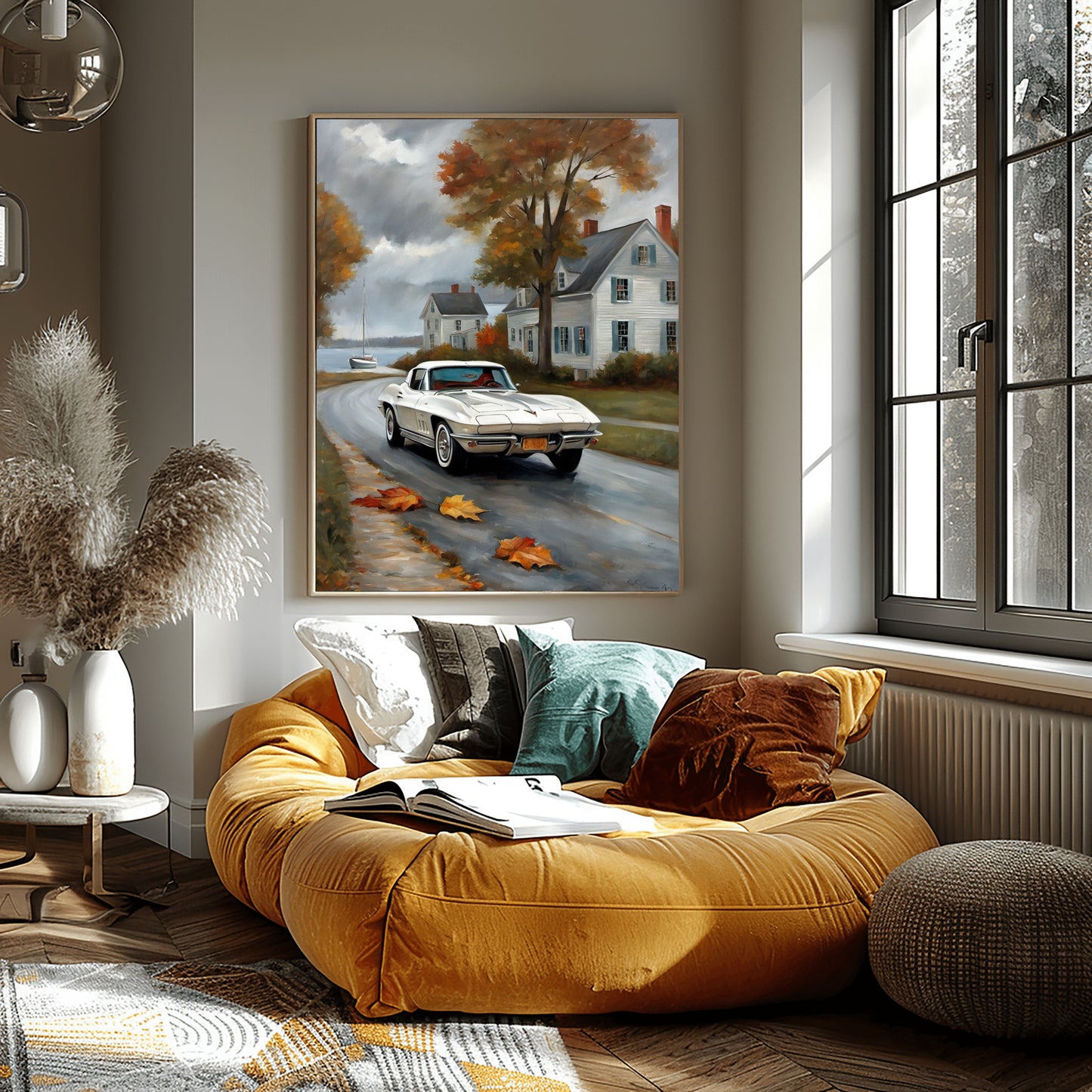 quiet harbor artwork for living room digital print by AquilVision showing vintage car on coastal lane