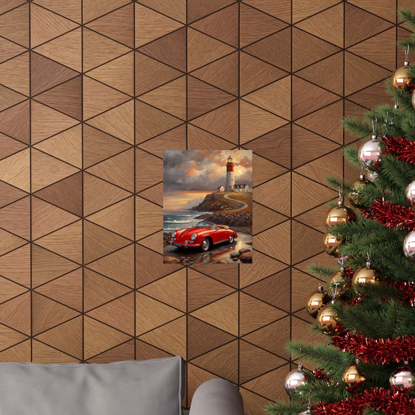 Coastal wall art for car lovers featuring a classic car near a lighthouse on a textured wall