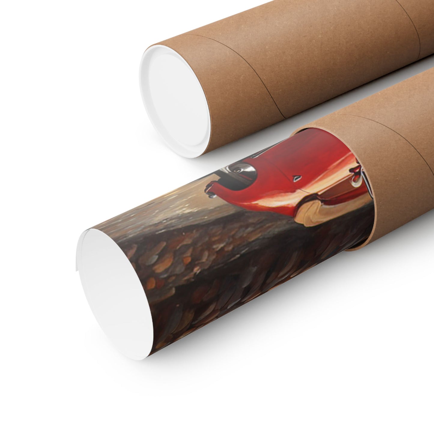 Coastal wall art for car lovers featuring a vibrant red car on a scenic shoreline